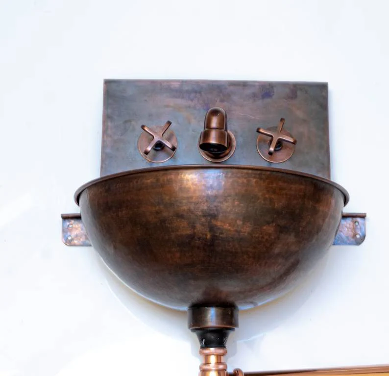 Copper Wall Mounted Bathroom Sink With Copper Mixer Faucet - Image 3