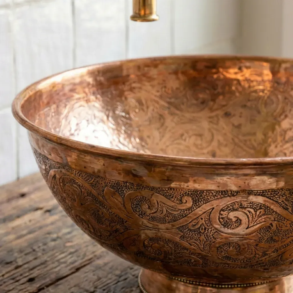 Engraved Copper Vessel Sink – Handmade Round Bathroom Vanity Basin - Image 3