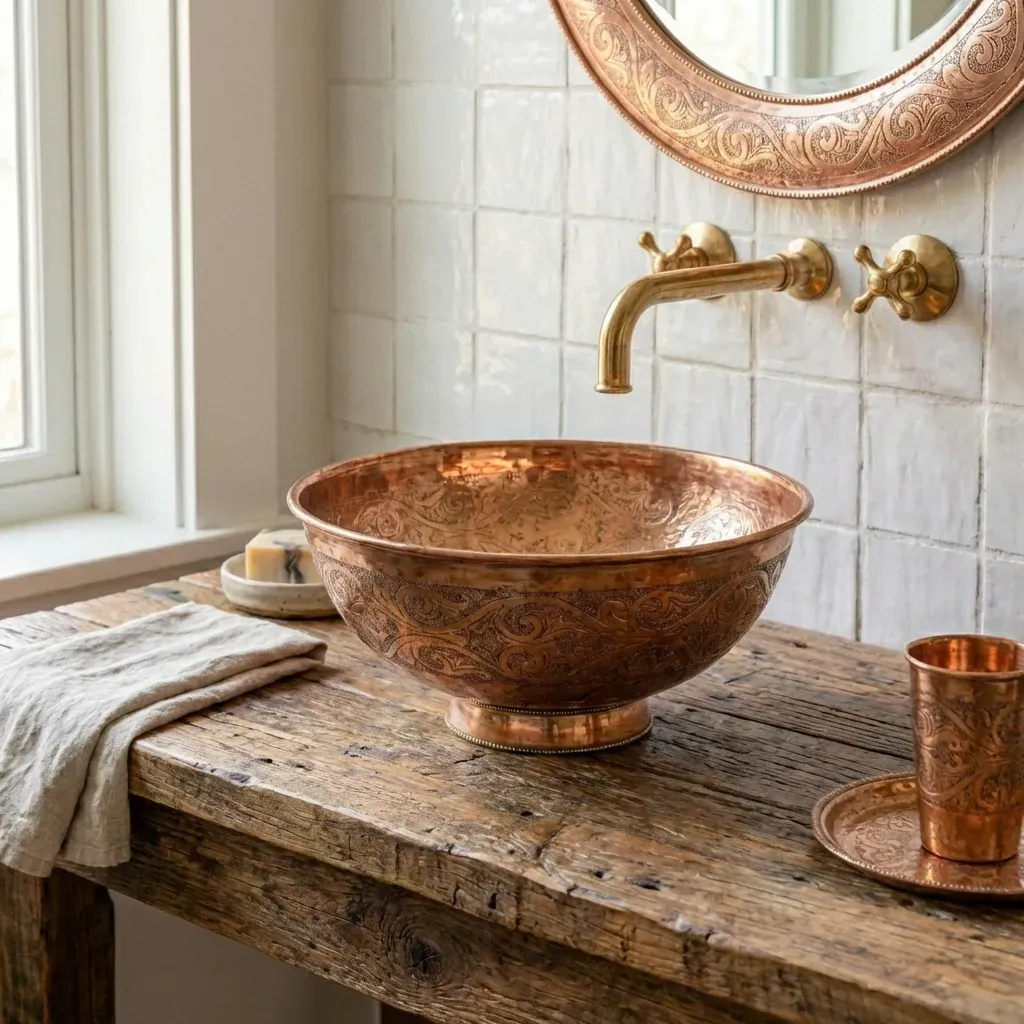 Engraved Copper Vessel Sink – Handmade Round Bathroom Vanity Basin - Image 4