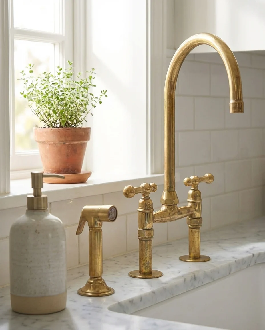 Farmhouse Unlacquered Brass Bridge Faucet with Dual Lever Handles - Image 3