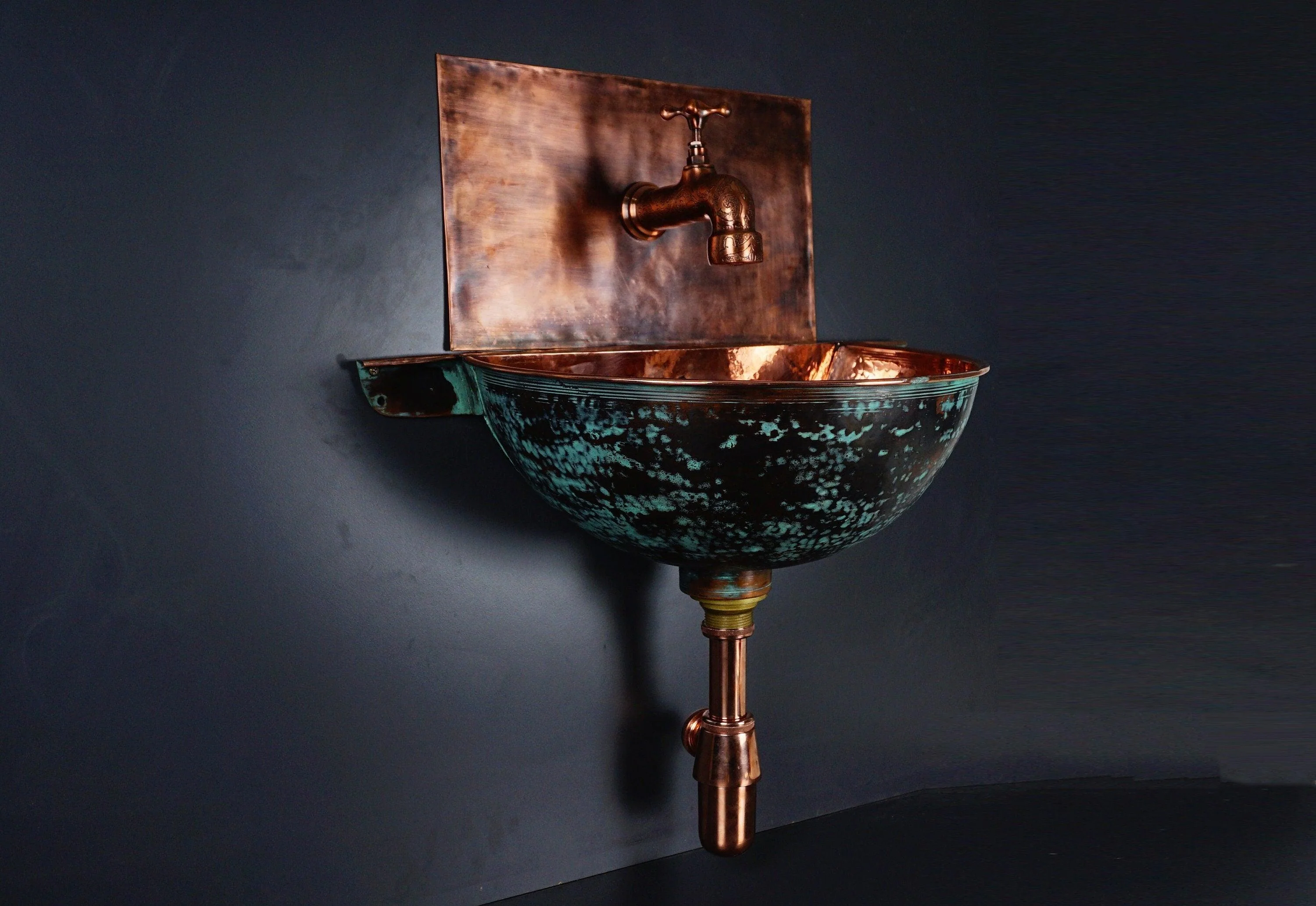 Green Patina Copper Wall Mounted Bathroom Sink - Image 3