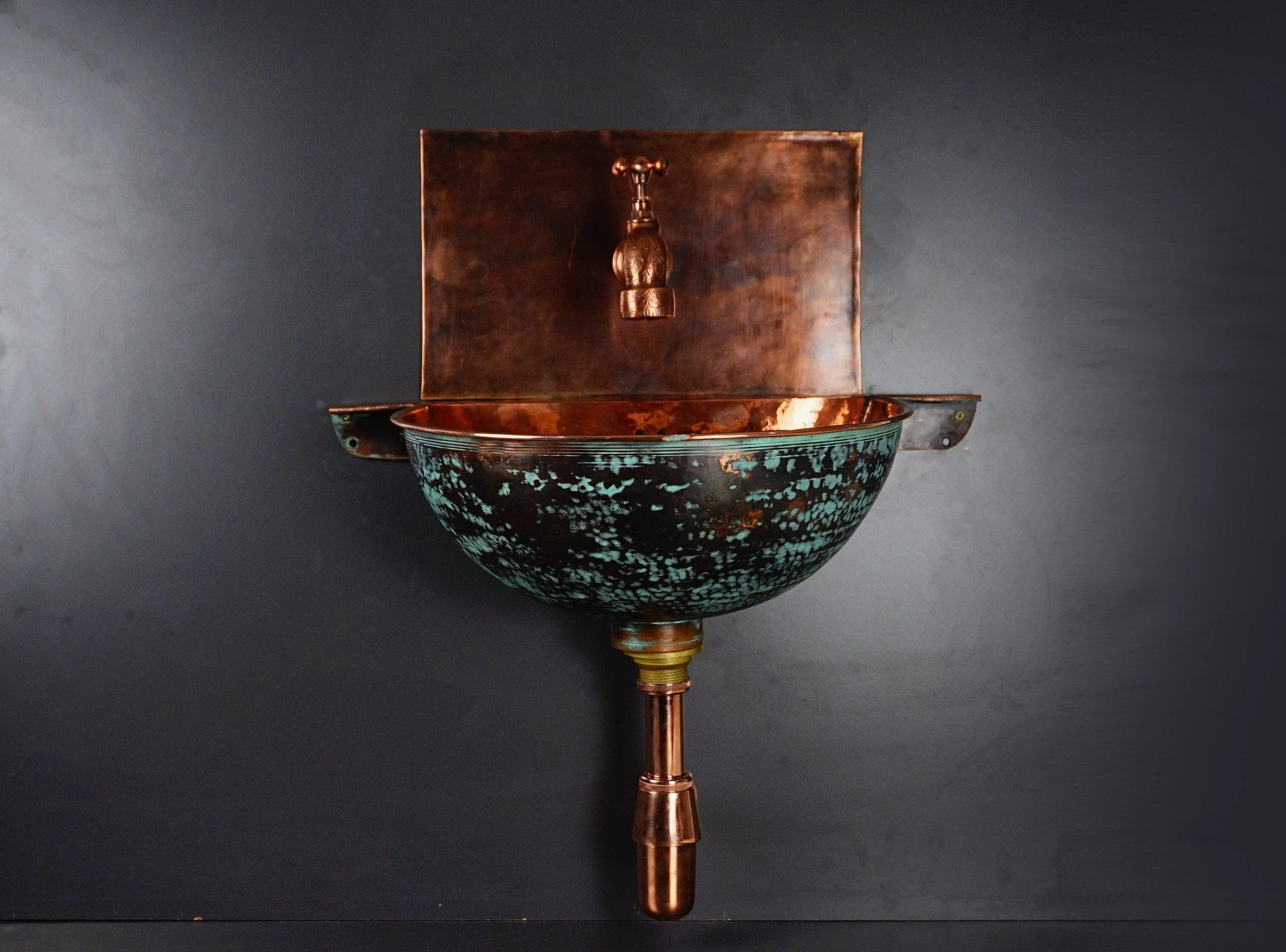 Green Patina Copper Wall Mounted Bathroom Sink - Image 4