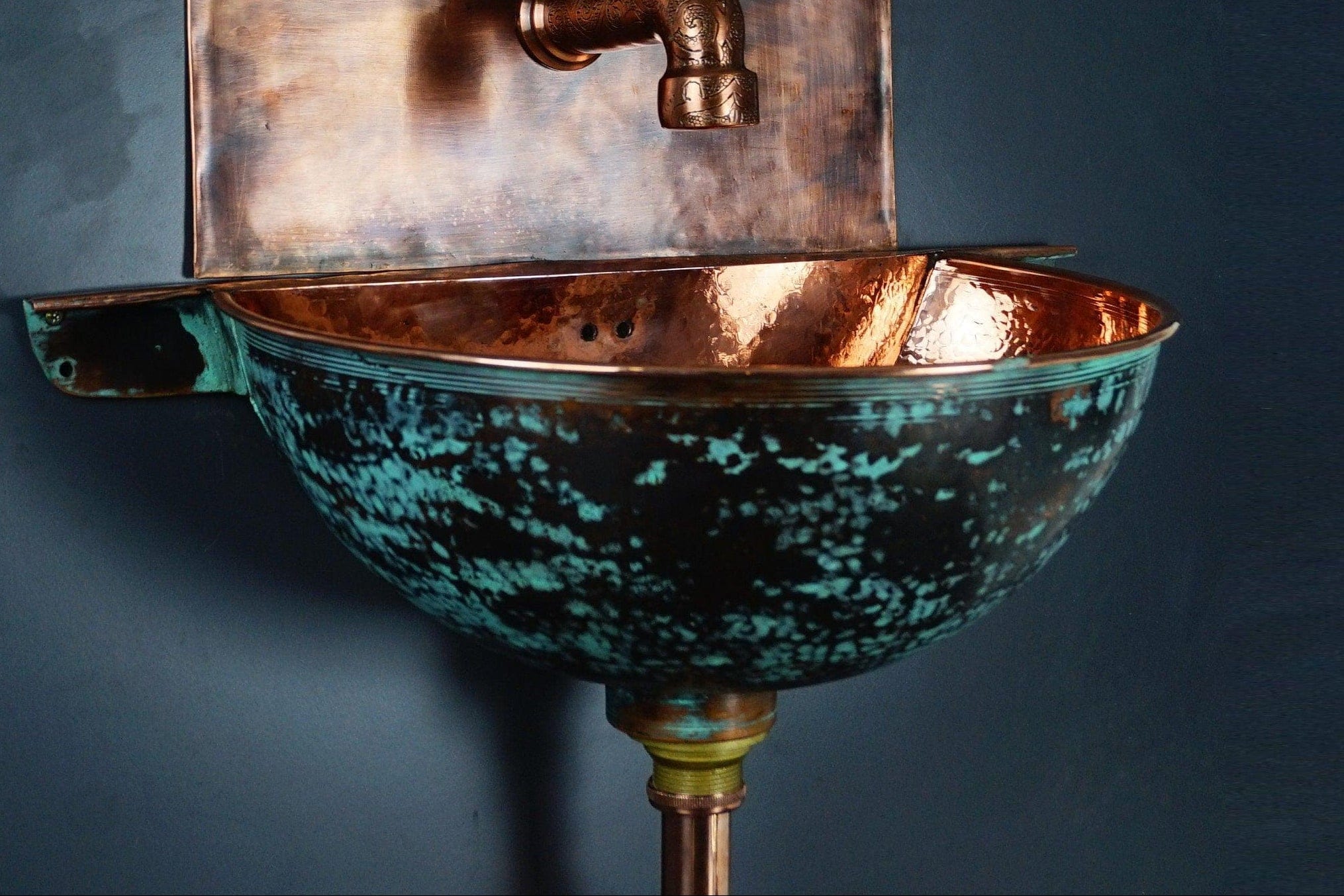 Green Patina Copper Wall Mounted Bathroom Sink - Image 5