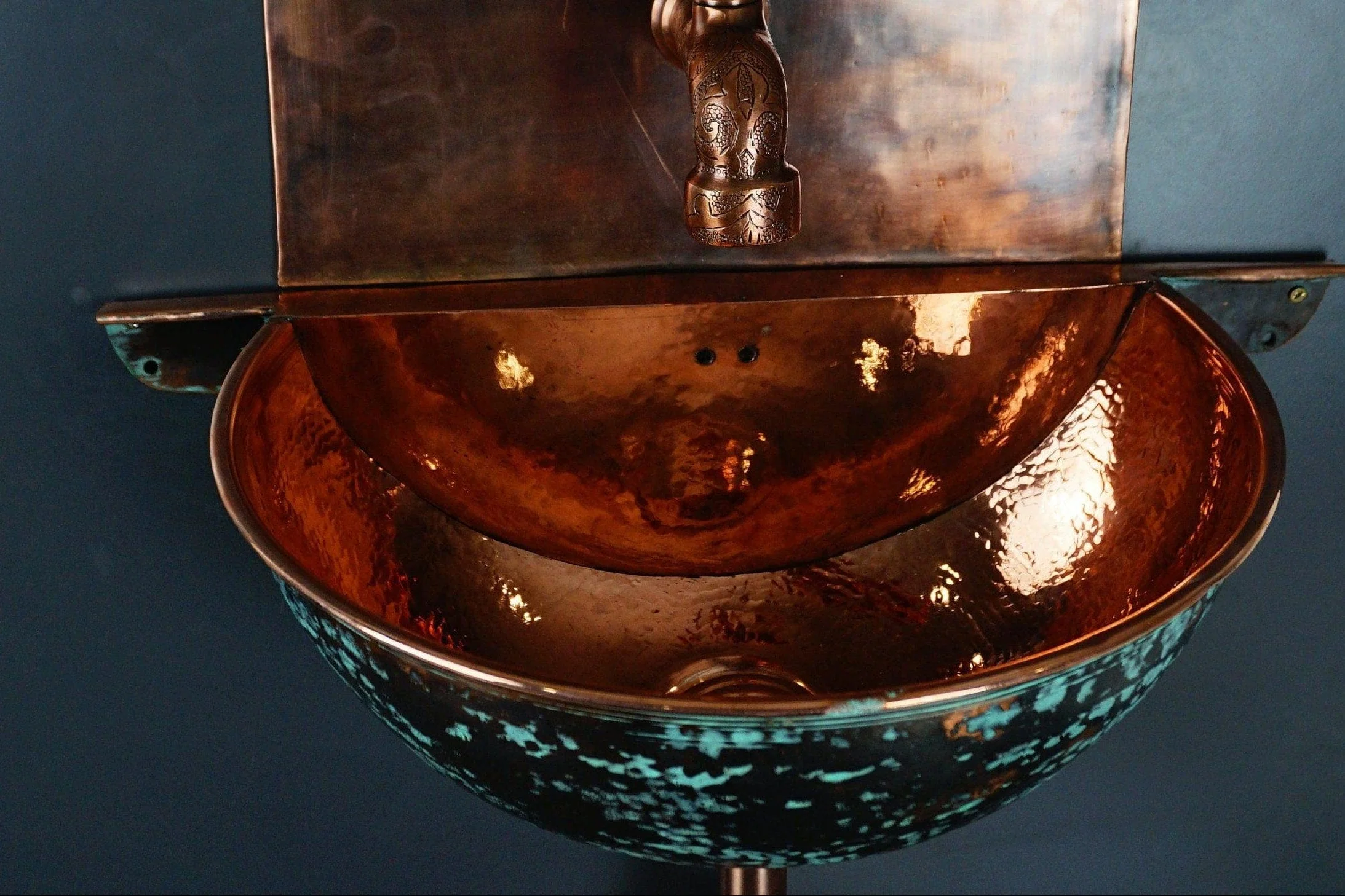 Green Patina Copper Wall Mounted Bathroom Sink - Image 6