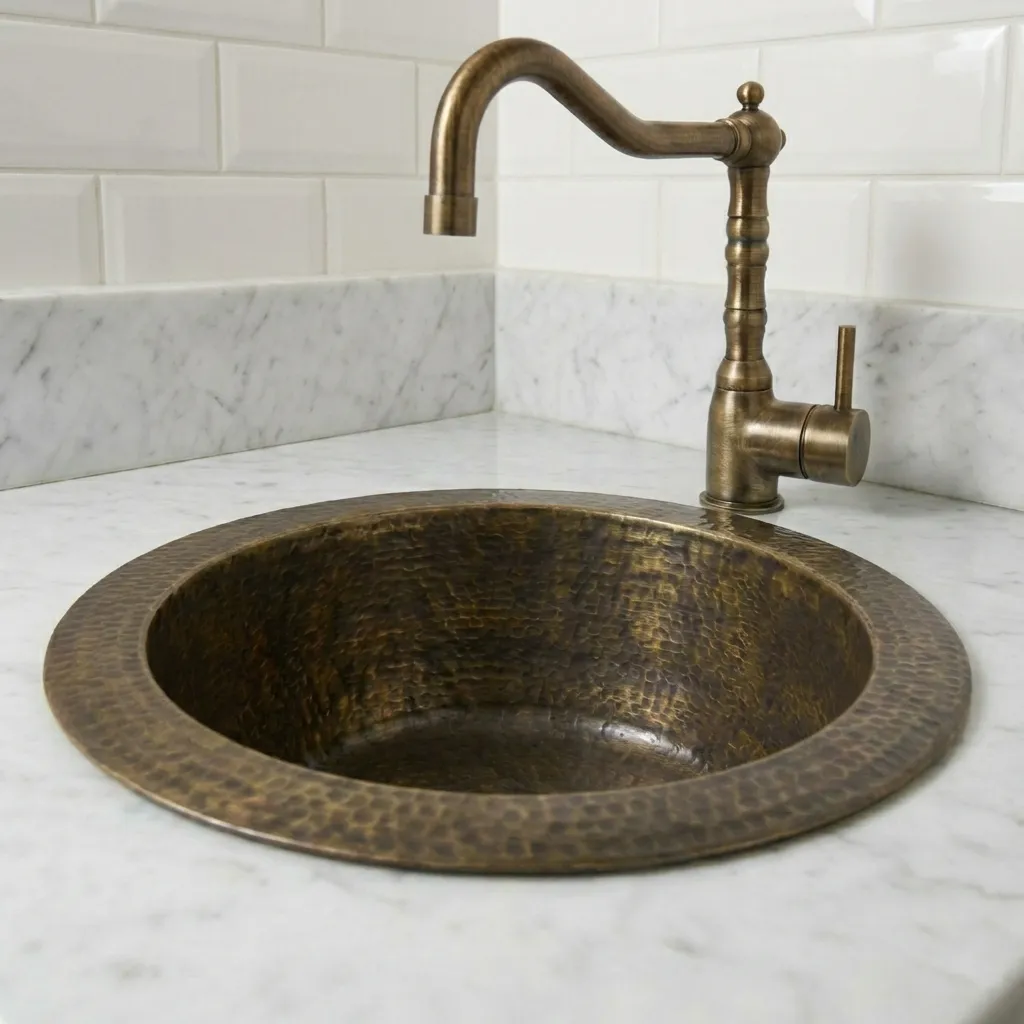 Hammered Antique Brass Bar Sink – Solid Round Drop-In Prep Sink with Aged Patina Finish - Image 3