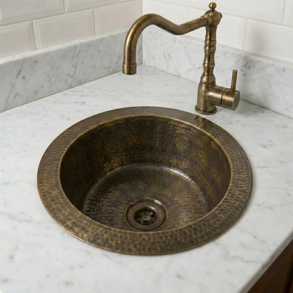 Hammered Antique Brass Bar Sink – Solid Round Drop-In Prep Sink with Aged Patina Finish - Image 4