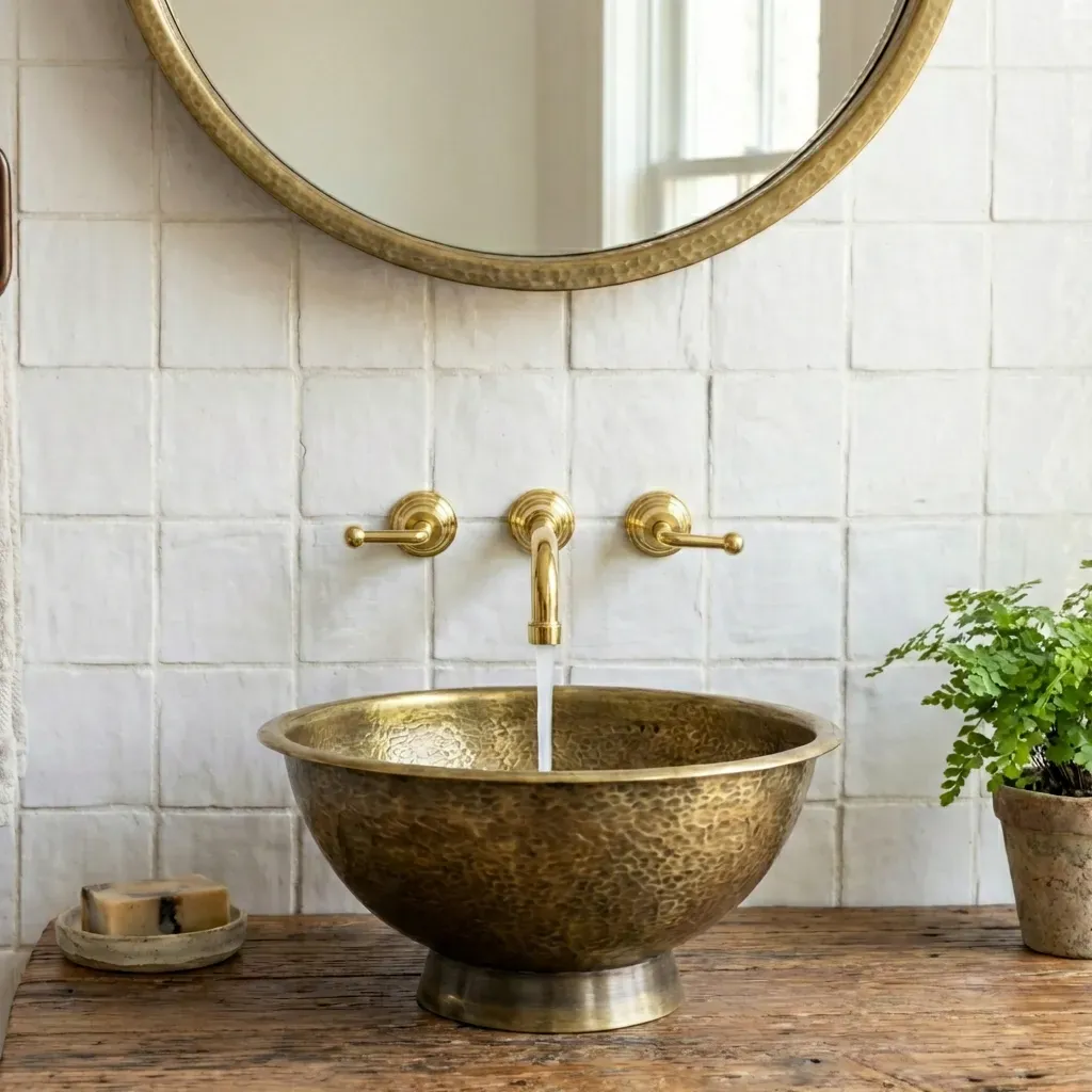 Antique Hammered Brass Vessel Sink Top Mount Bathroom Vanity - Image 4