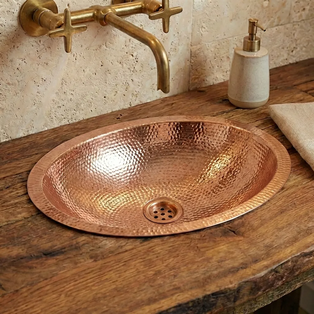 Hammered Oval Copper Vessel Sink – Handmade Drop-In Bathroom Basin - Image 3