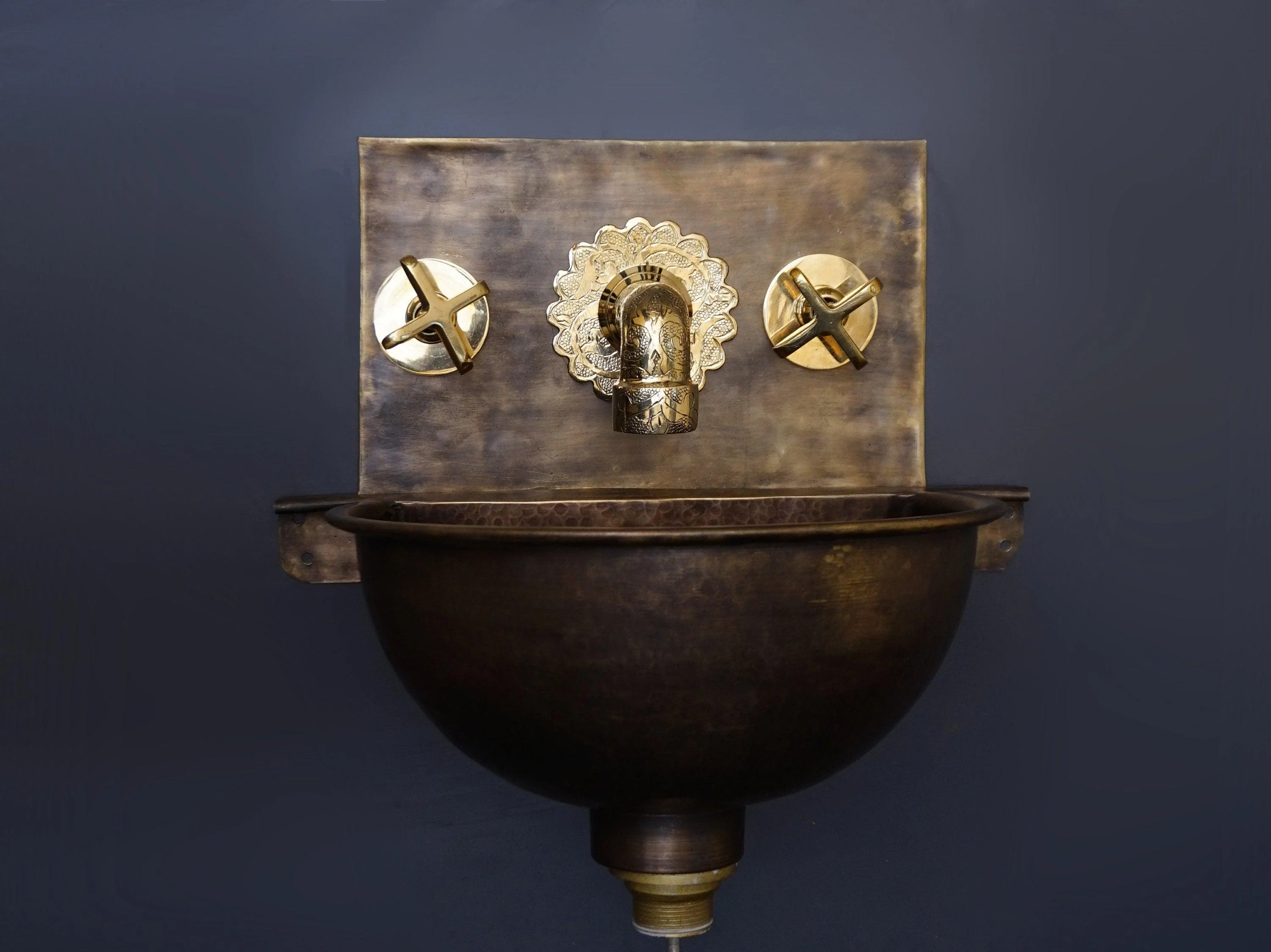 Hammered Patina Brass Wall Mount Sink With Solid Brass Faucet - Image 3