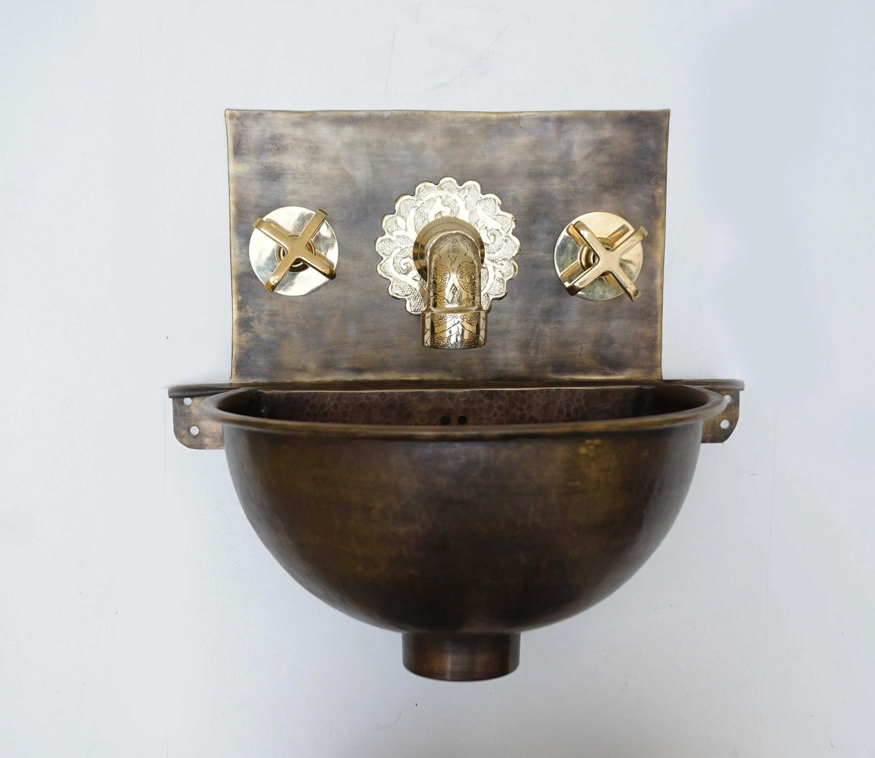 Hammered Patina Brass Wall Mount Sink With Solid Brass Faucet - Image 9