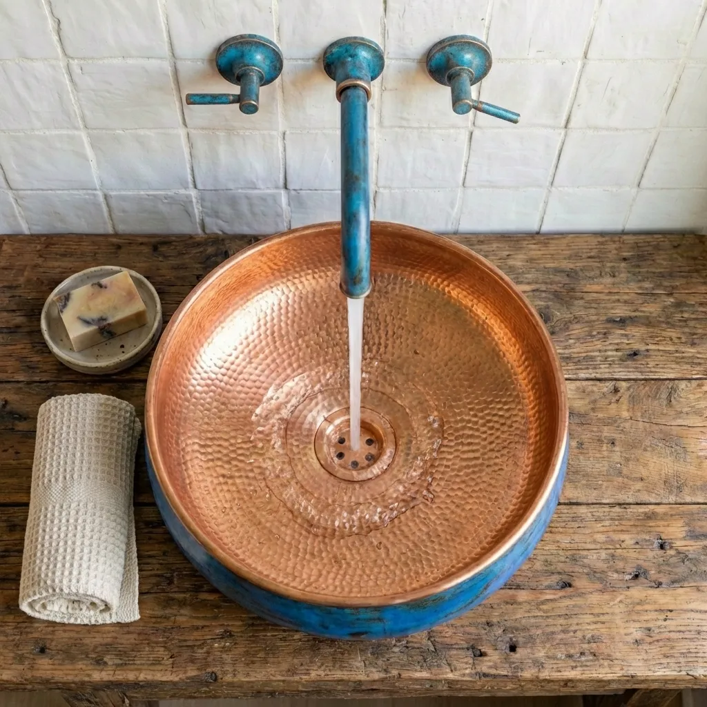 Handmade Blue Patina Copper Vessel Sink – Round Bathroom Basin - Image 3