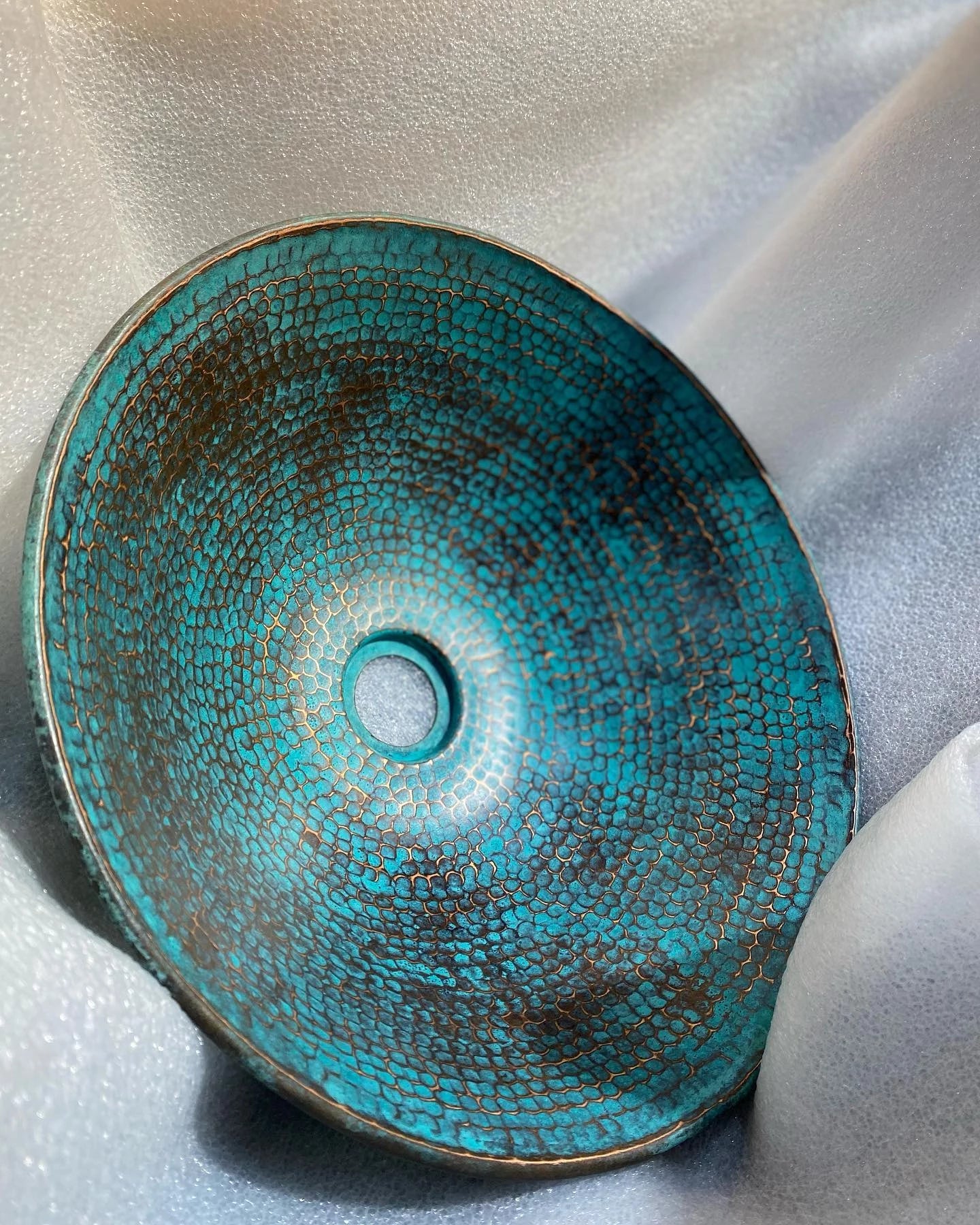 Handmade Green Patina Copper Sink – Round Drop-In Vessel Bathroom Basin - Image 3