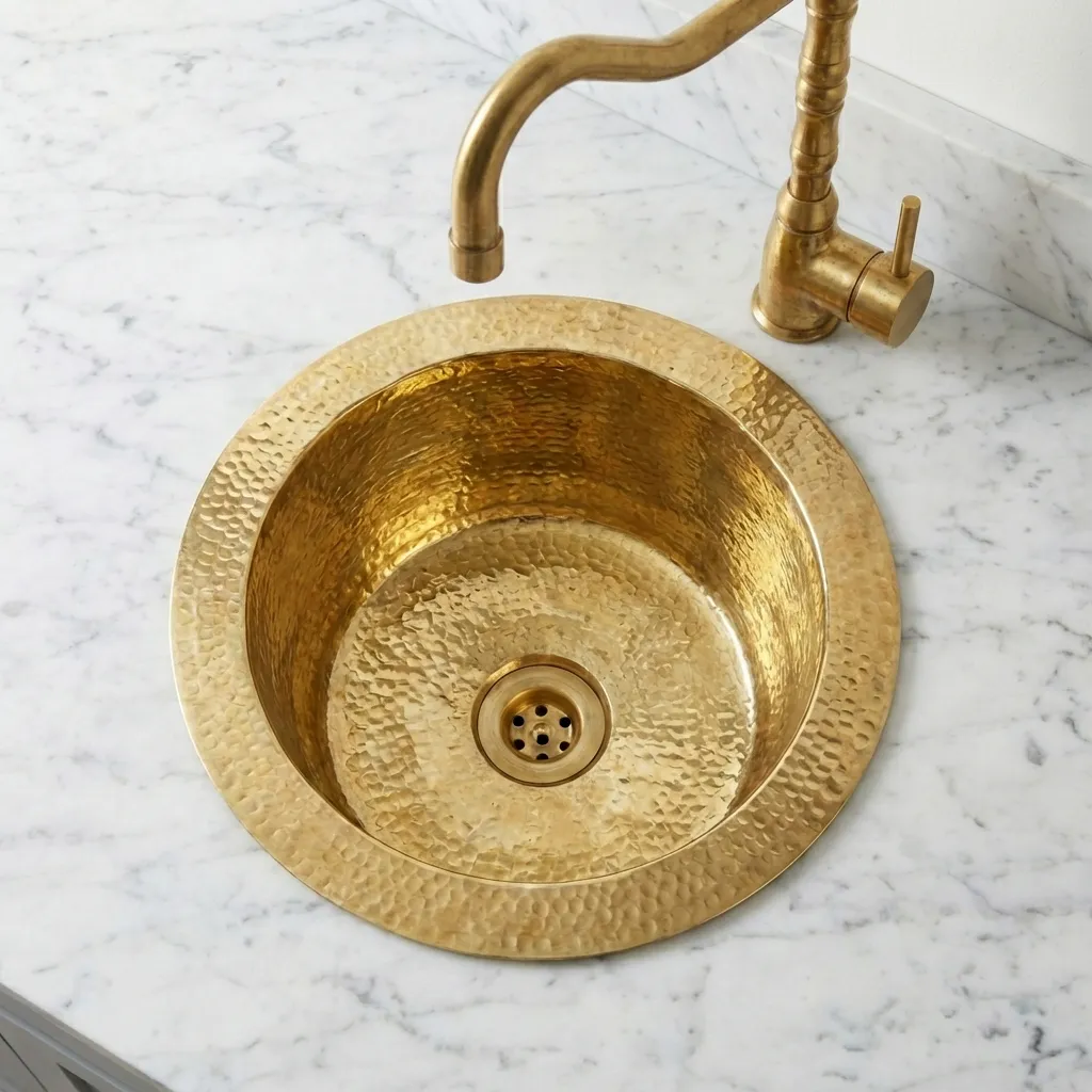 Handmade Hammered Brass Round Sink – Solid Unlacquered Brass Bar Basin - Image 4