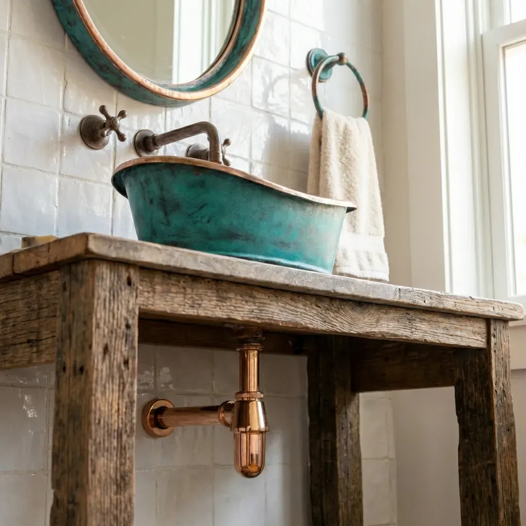 Oxidized Copper Tub Sink – Handmade Green Patina Bathroom Vessel - Image 3