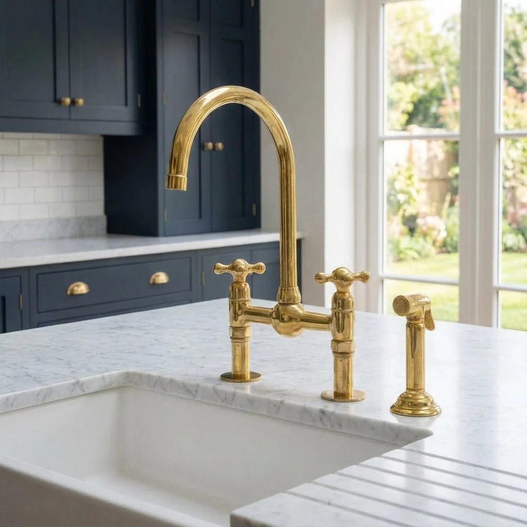 Luxury Unlacquered Brass Bridge Faucet Island Kitchen - Image 7