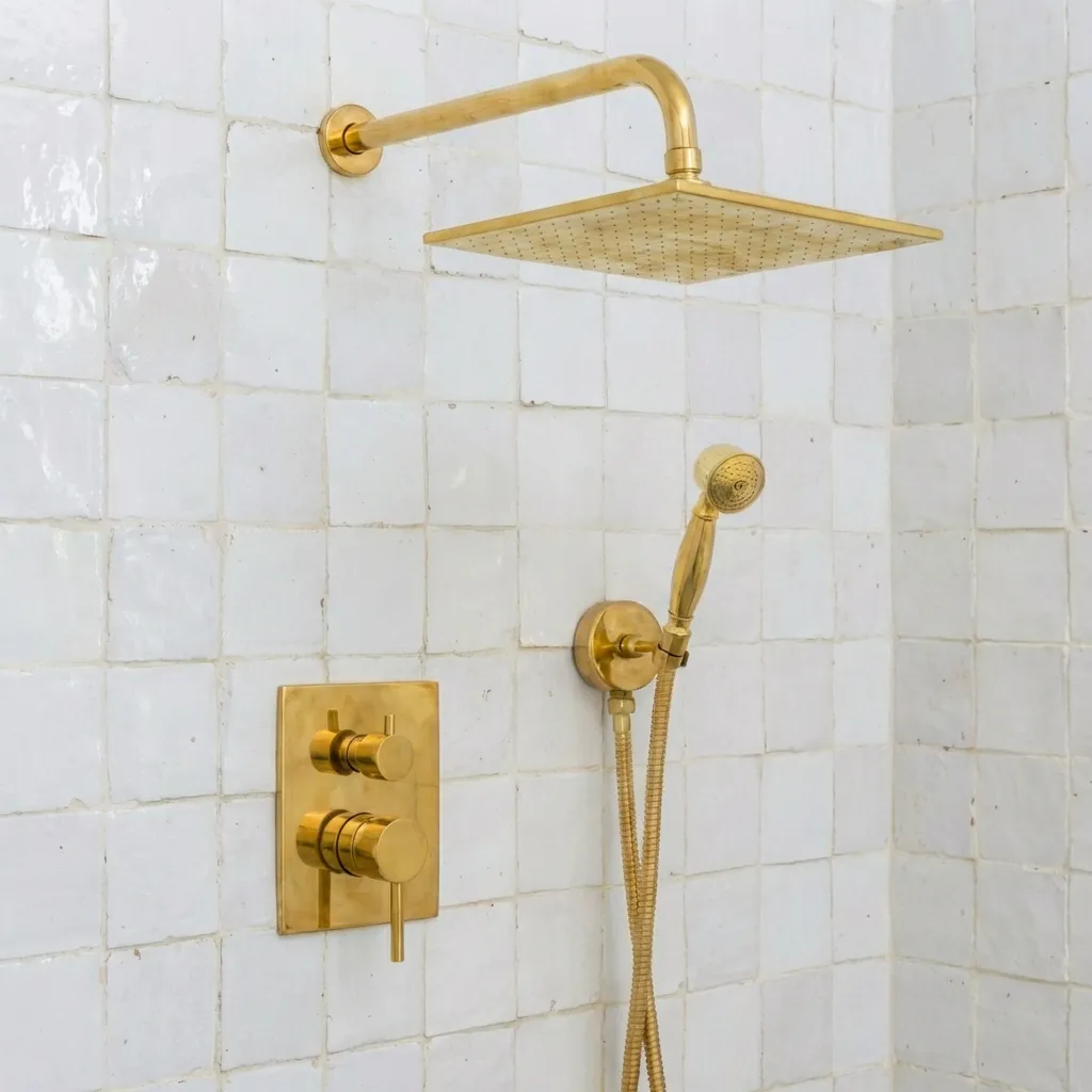 Luxury Unlacquered Brass Rain Shower System – Wall Mounted with Handheld Sprayer - Image 3