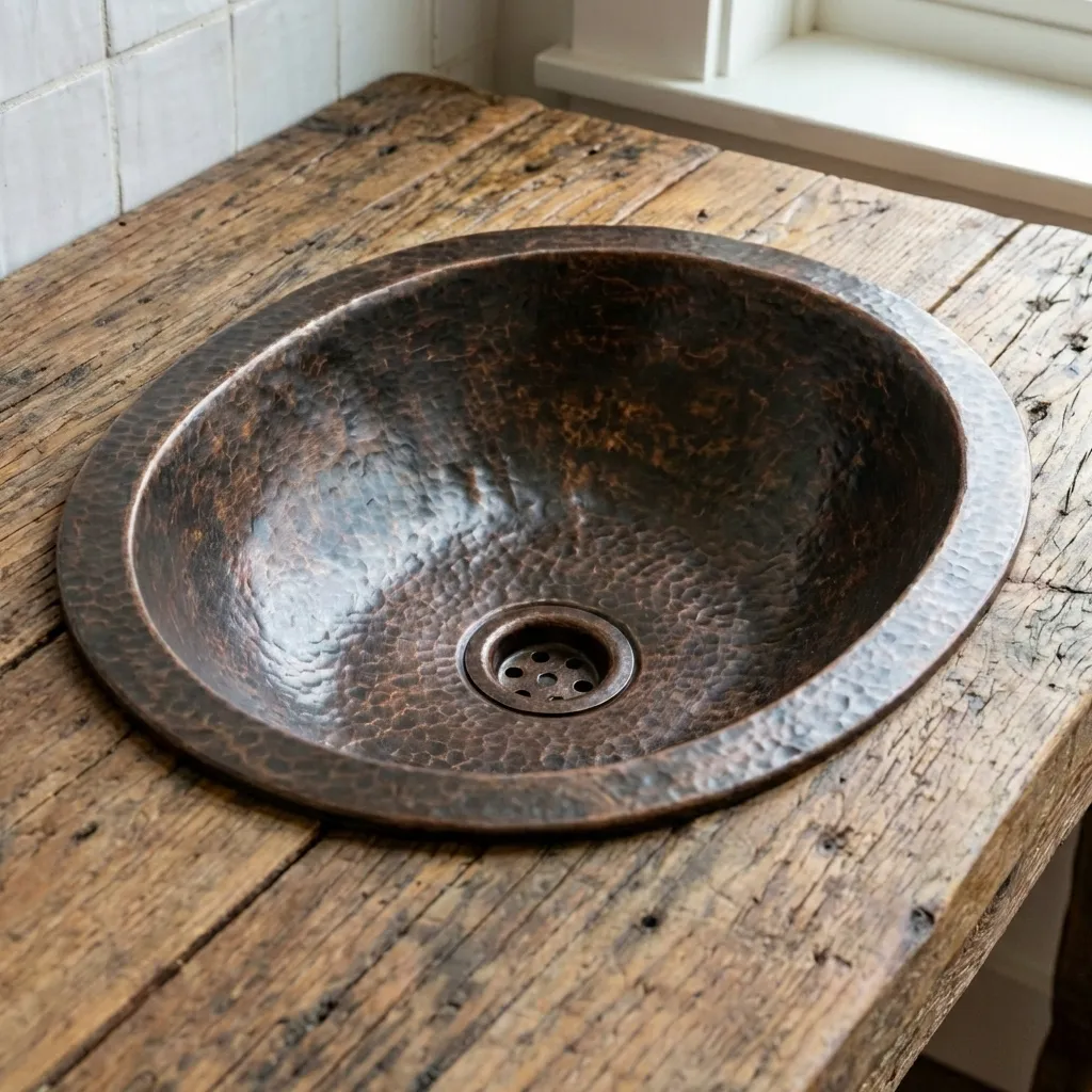 Oil Rubbed Bronze Oval Copper Sink – Hand-Hammered Drop-In Bathroom Basin - Image 3