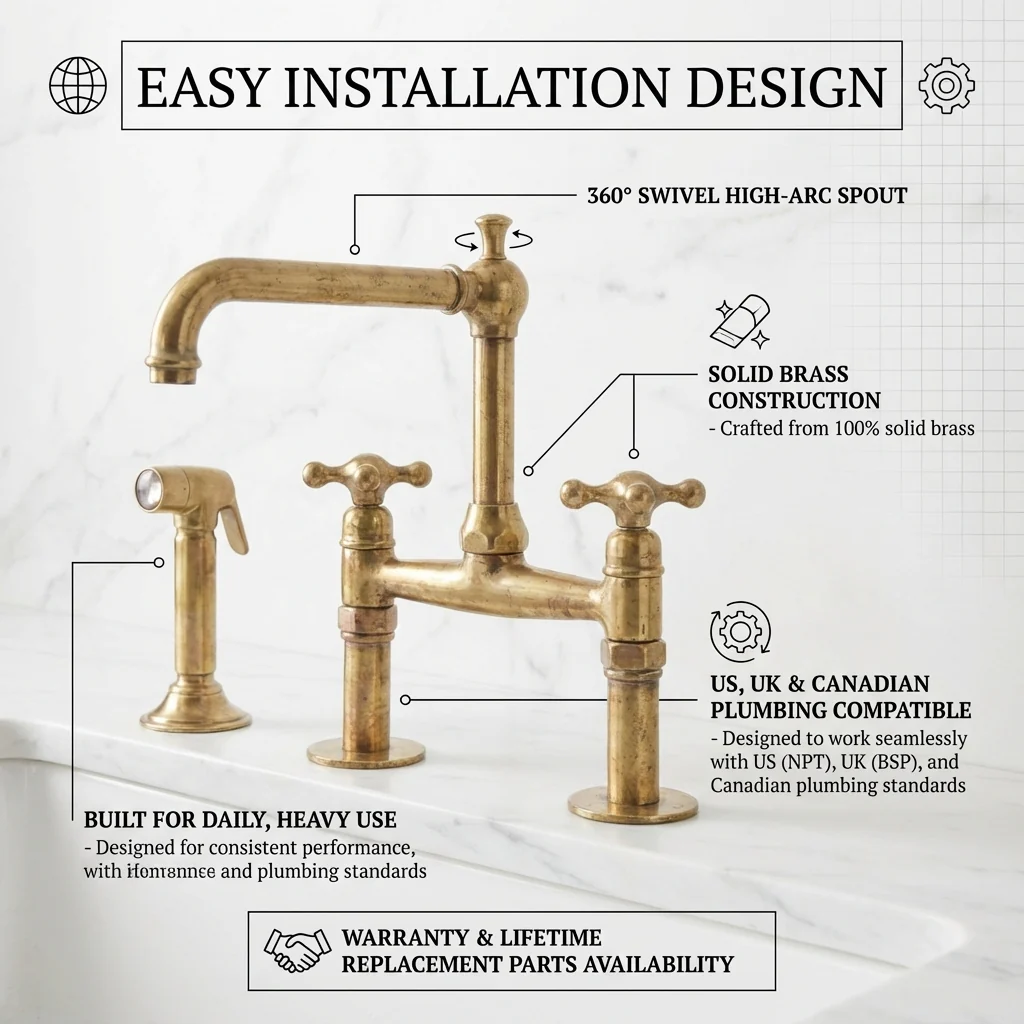 Old-World Unlacquered Brass Bridge Faucet With Traditional Design - Image 4