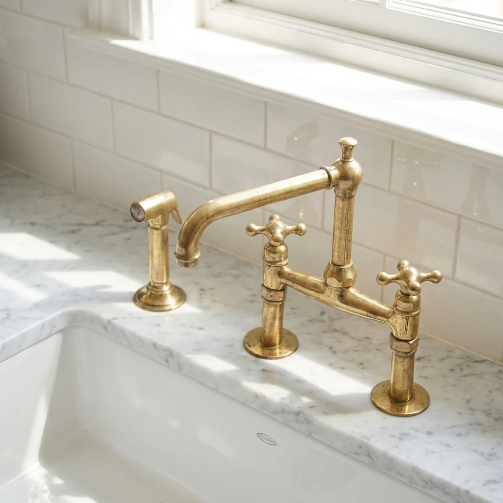 Old-World Unlacquered Brass Bridge Faucet With Traditional Design - Image 6
