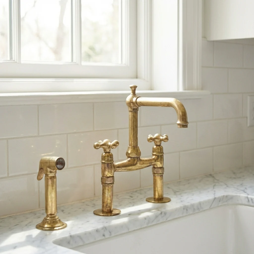 Old-World Unlacquered Brass Bridge Faucet With Traditional Design - Image 7