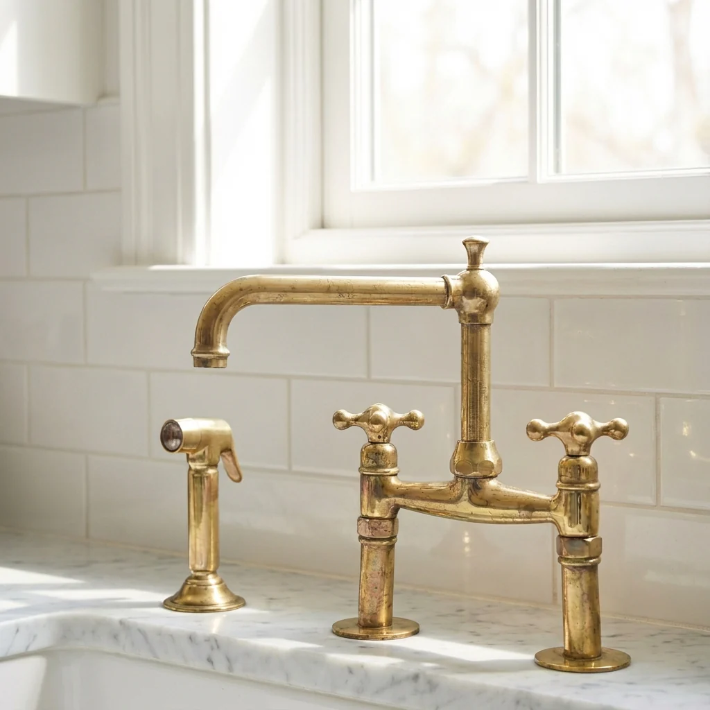 Old-World Unlacquered Brass Bridge Faucet With Traditional Design - Image 8