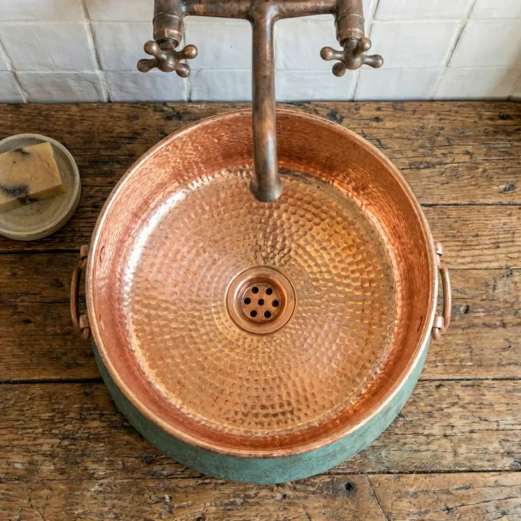 Oxidized Copper Bucket Vessel Sink – Handmade Bathroom Washbasin - Image 3