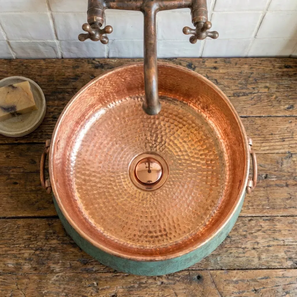 Oxidized Copper Bucket Vessel Sink – Handmade Bathroom Washbasin - Image 4