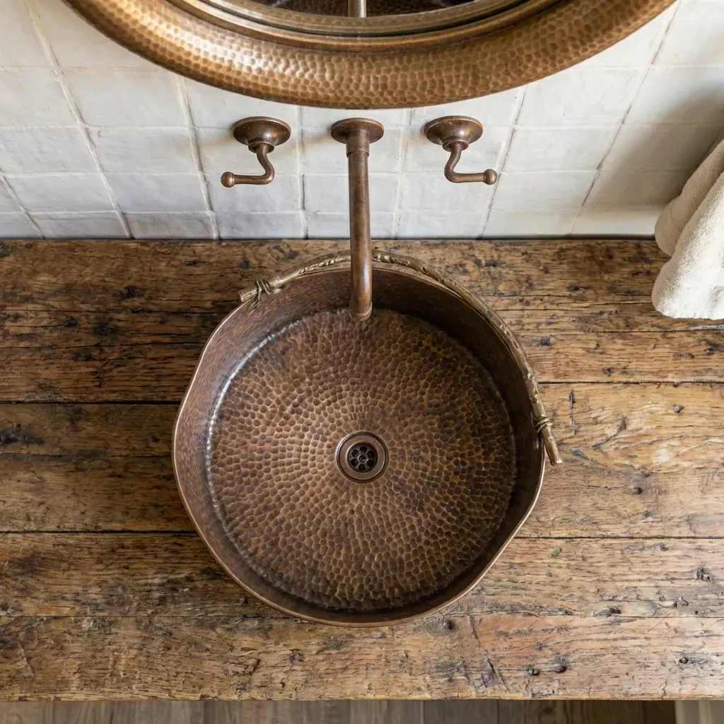 Rustic Brass Vessel Sink – Hand Hammered Round Aged Bathroom Basin - Image 4