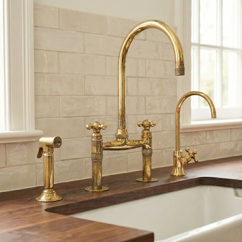 Traditional High-Arc Unlacquered Brass Bridge Kitchen Faucet - Image 3