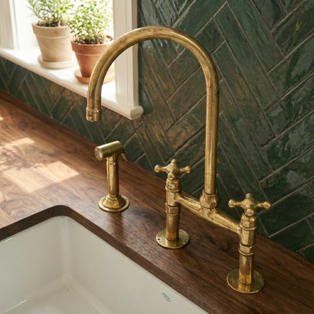 Traditional High-Arc Unlacquered Brass Bridge Kitchen Faucet - Image 4