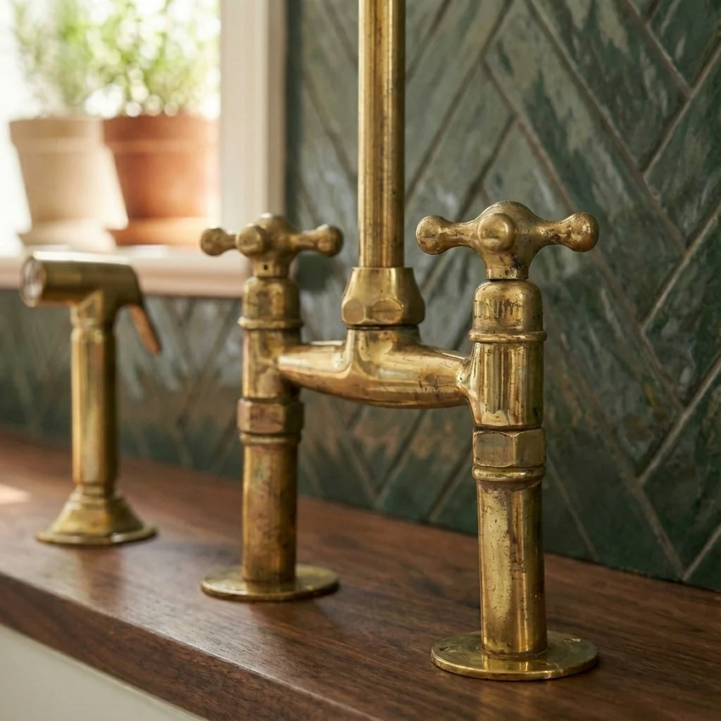 Traditional High-Arc Unlacquered Brass Bridge Kitchen Faucet - Image 5