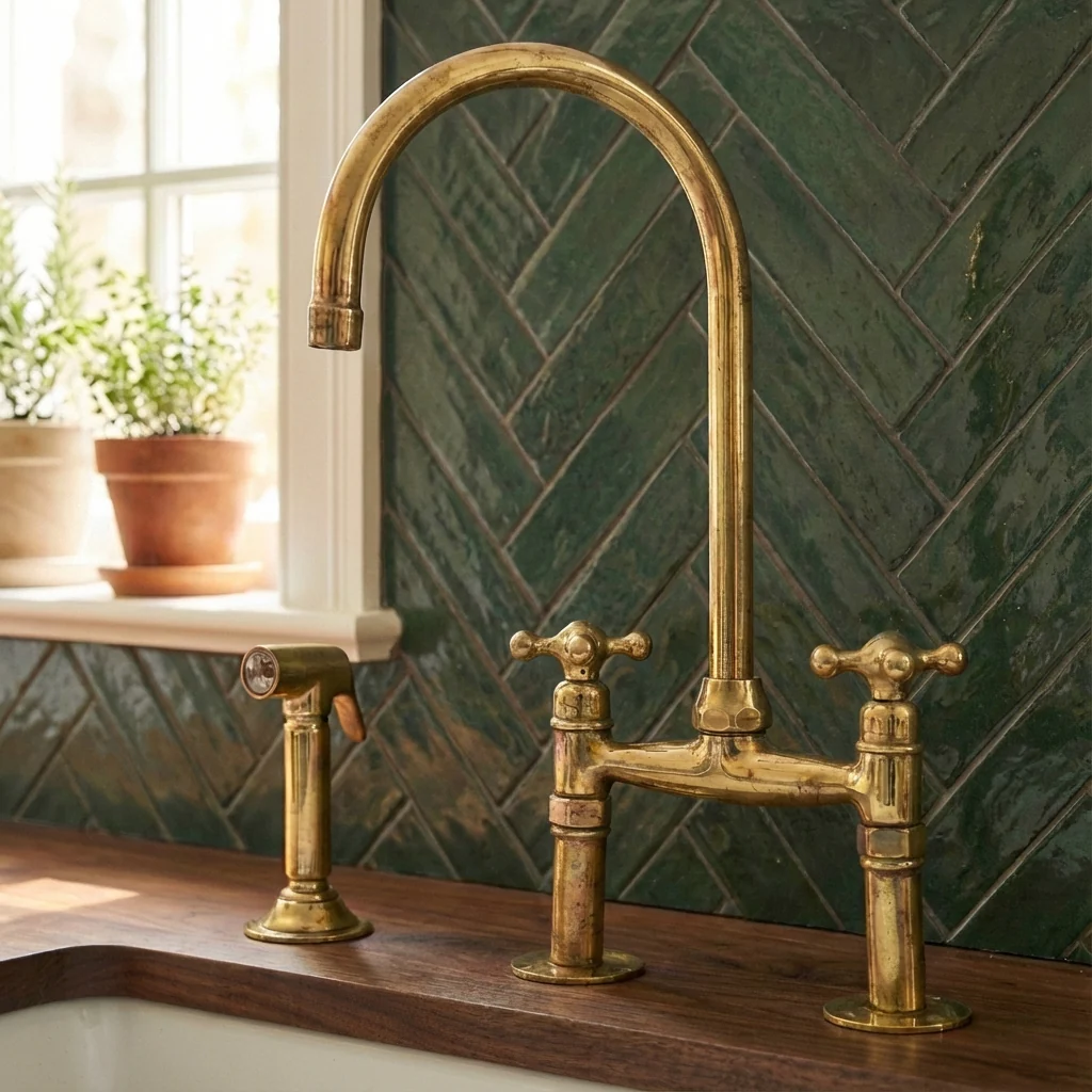 Traditional High-Arc Unlacquered Brass Bridge Kitchen Faucet - Image 7