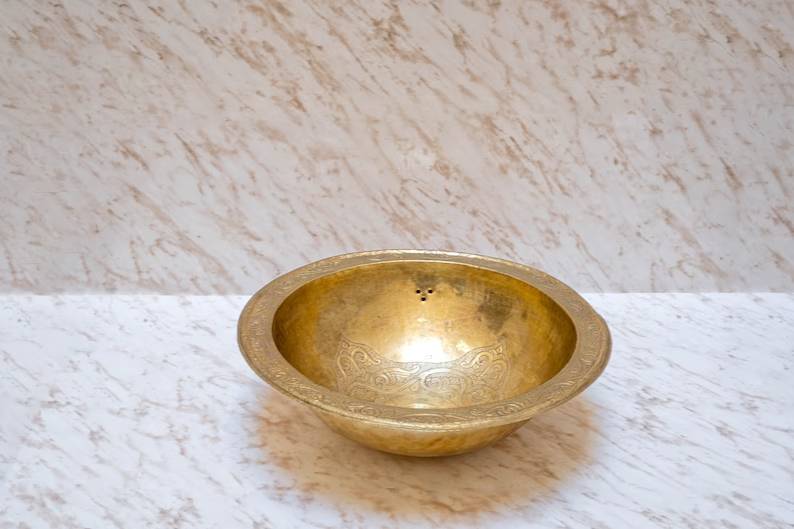 Unlacquered Brass Bathroom Sink – Hand Engraved Drop-In Vanity Basin - Image 3
