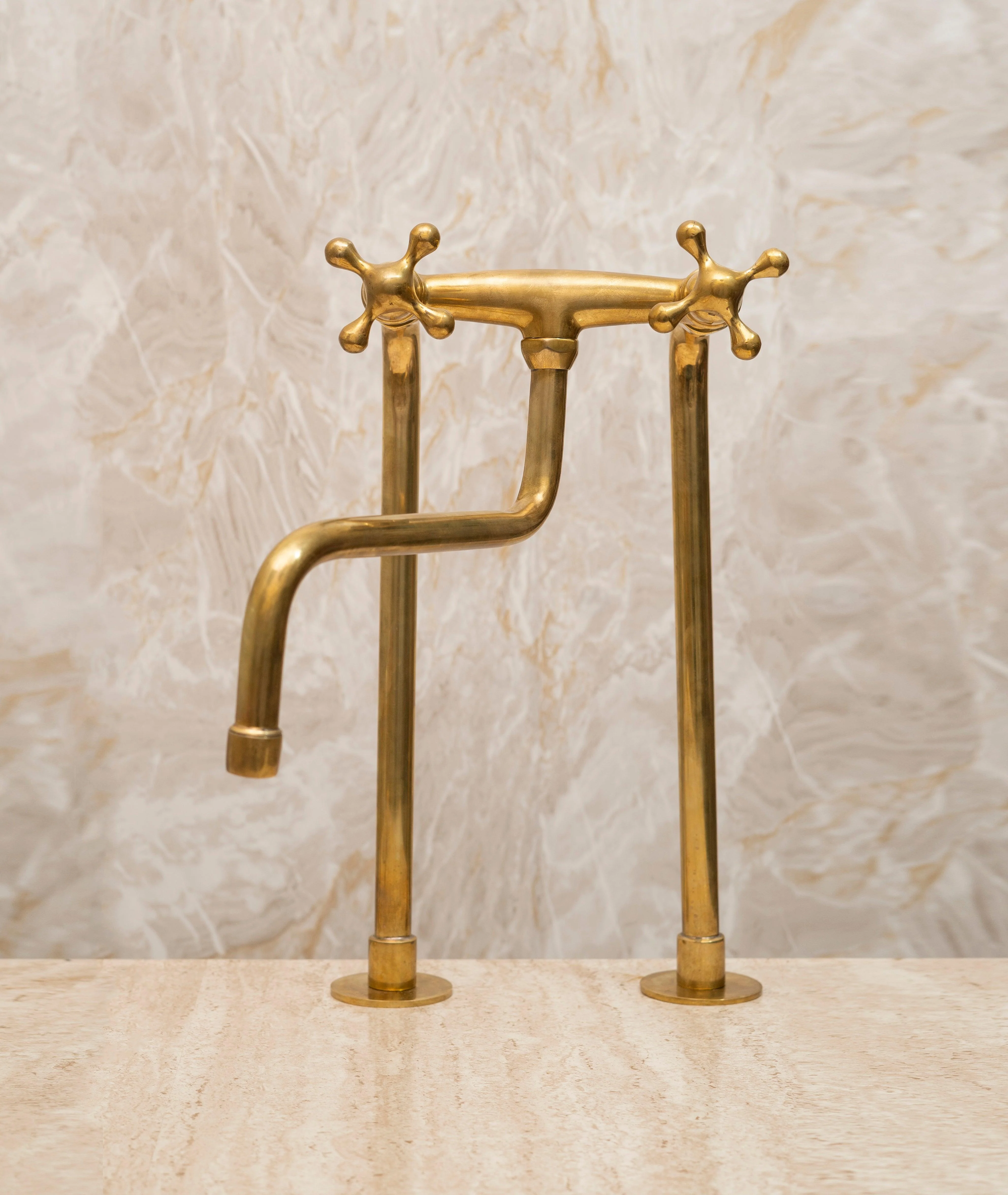 Unlacquered Brass Bridge Kitchen Faucet – Tall Farmhouse Sink Tap with Cross Handles & Sprayer - Image 3