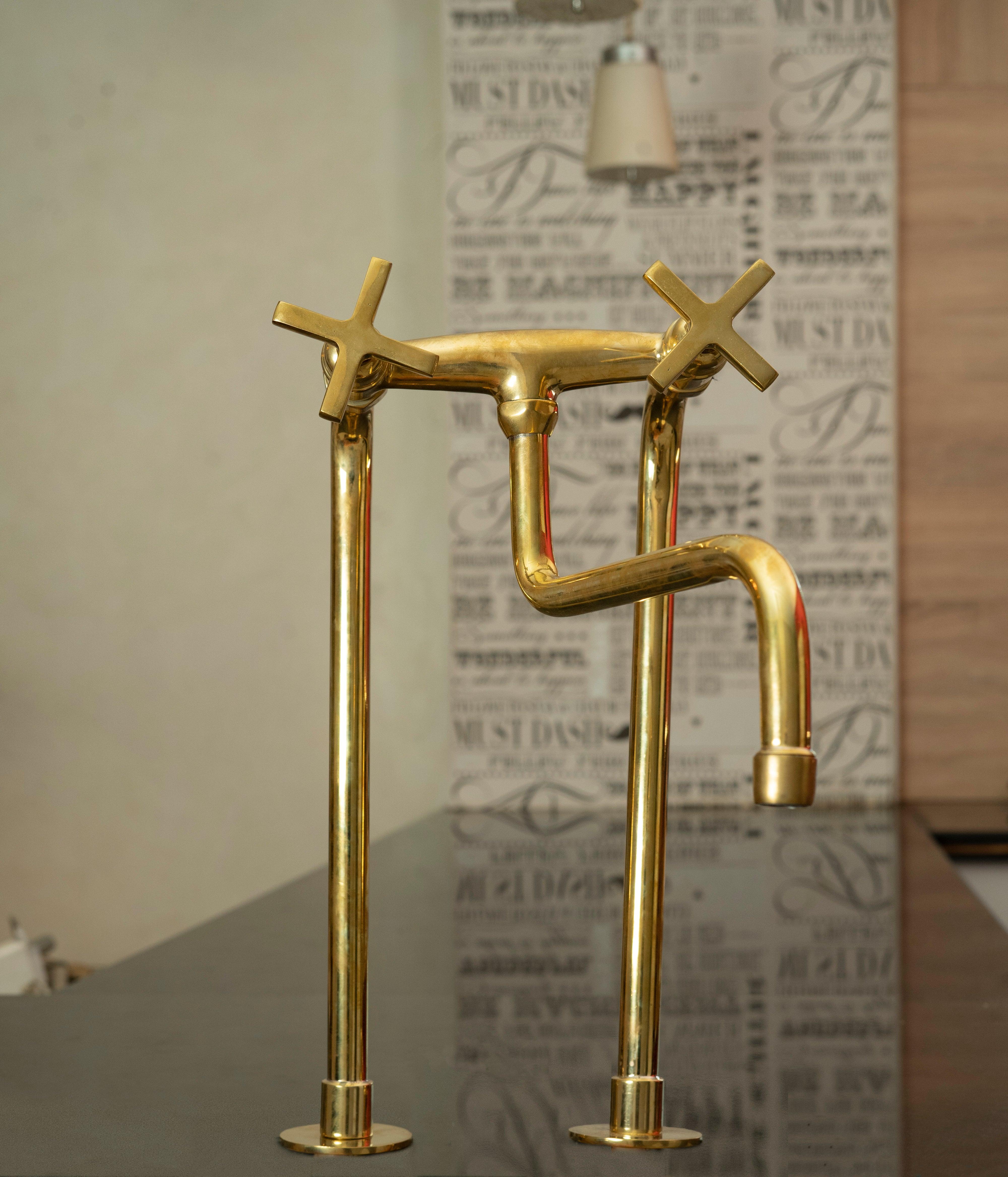 Unlacquered Brass Bridge Kitchen Faucet – Tall Farmhouse Sink Tap with Cross Handles & Sprayer - Image 5
