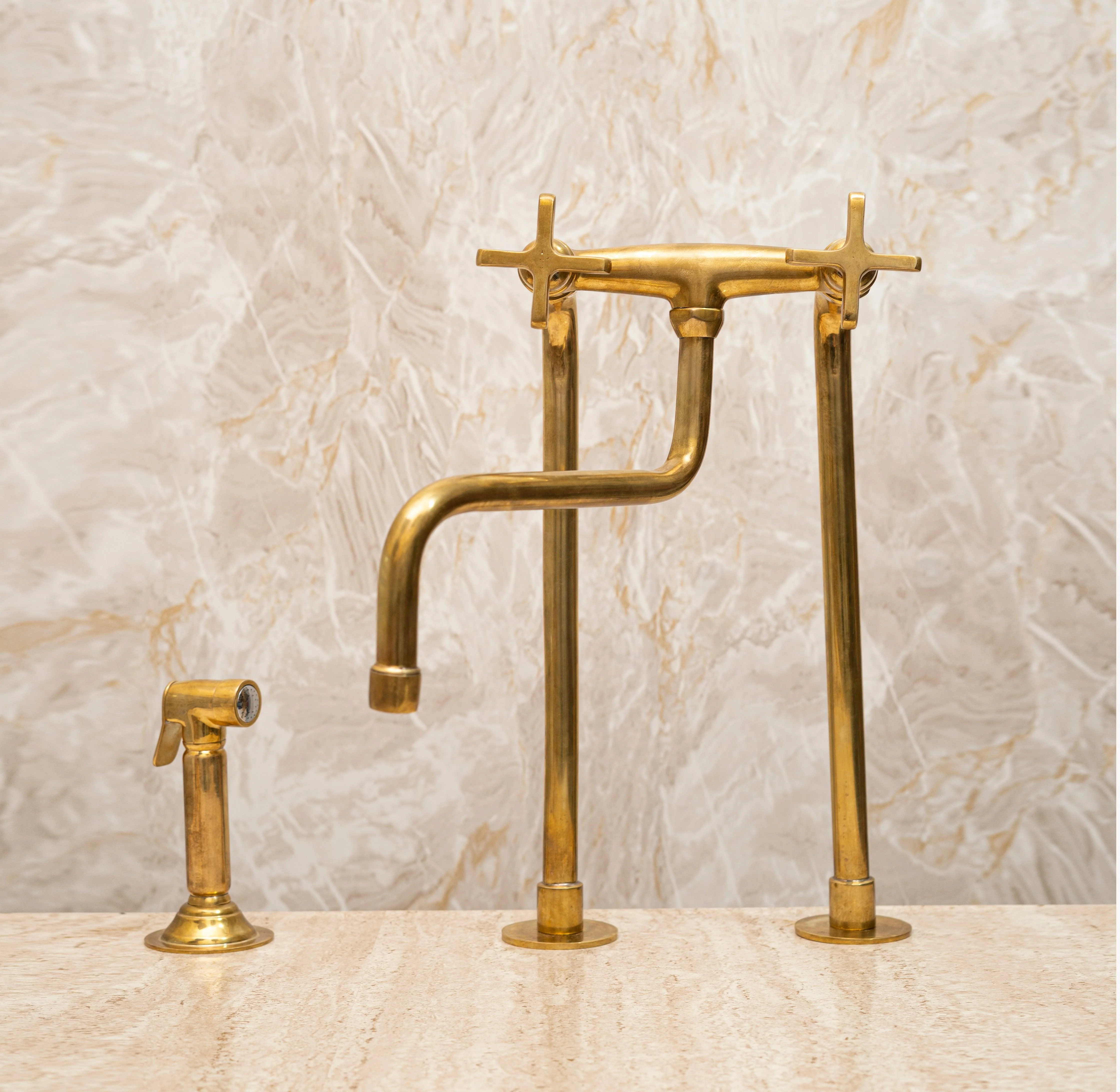 Unlacquered Brass Bridge Kitchen Faucet – Tall Farmhouse Sink Tap with Cross Handles & Sprayer - Image 7
