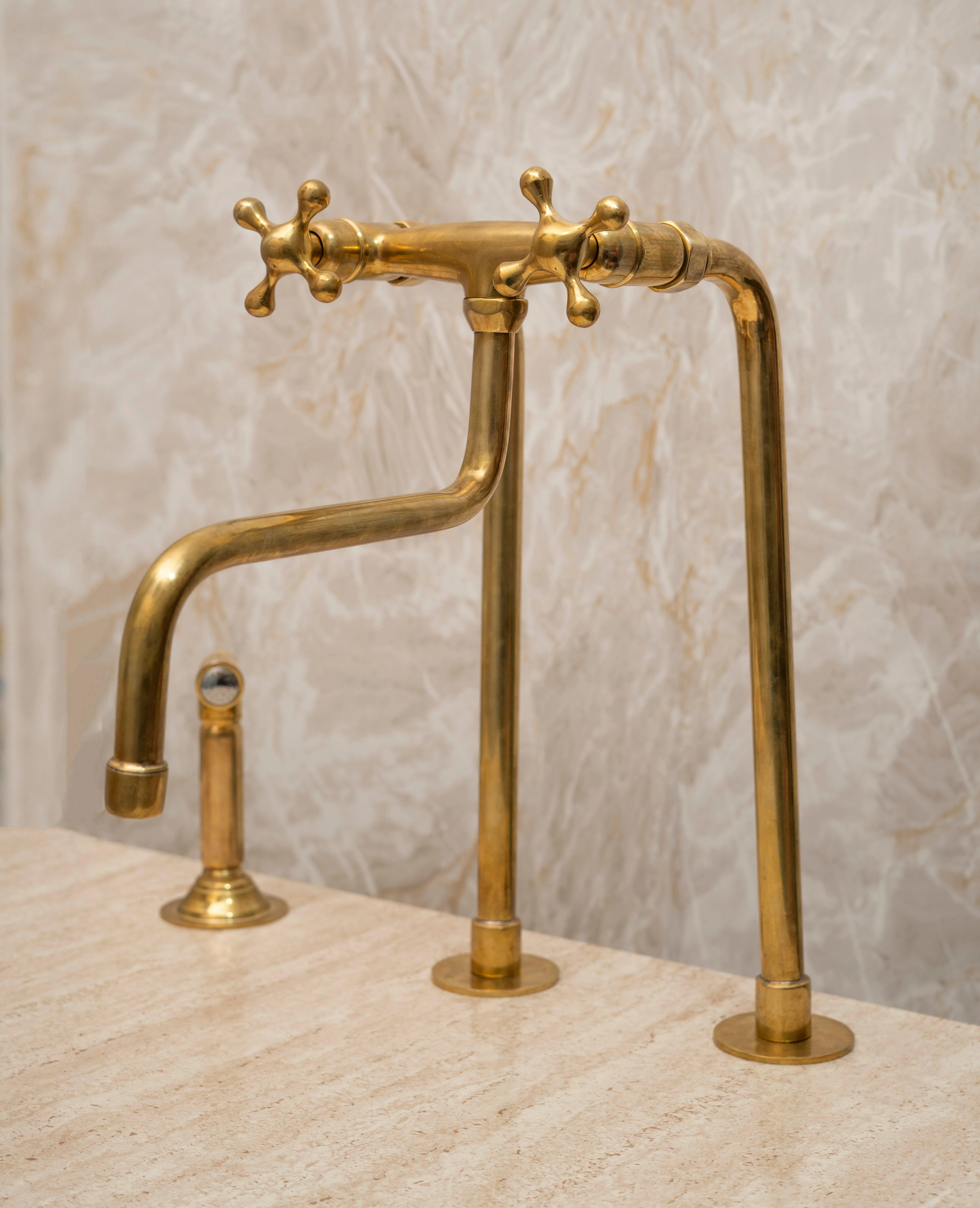Unlacquered Brass Bridge Kitchen Faucet – Tall Farmhouse Sink Tap with Cross Handles & Sprayer - Image 8