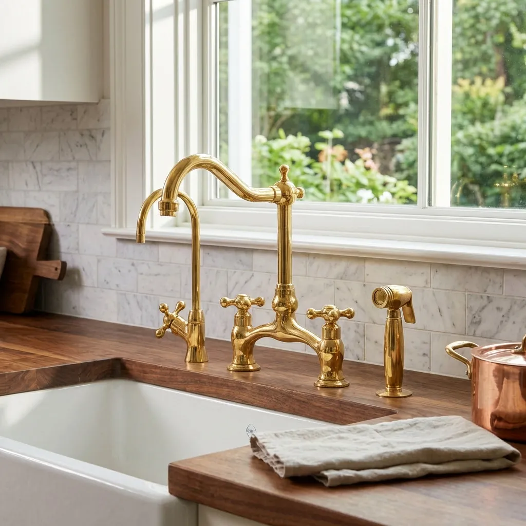 Unlacquered Brass Gooseneck Kitchen Faucet With Sprayer: - Image 3