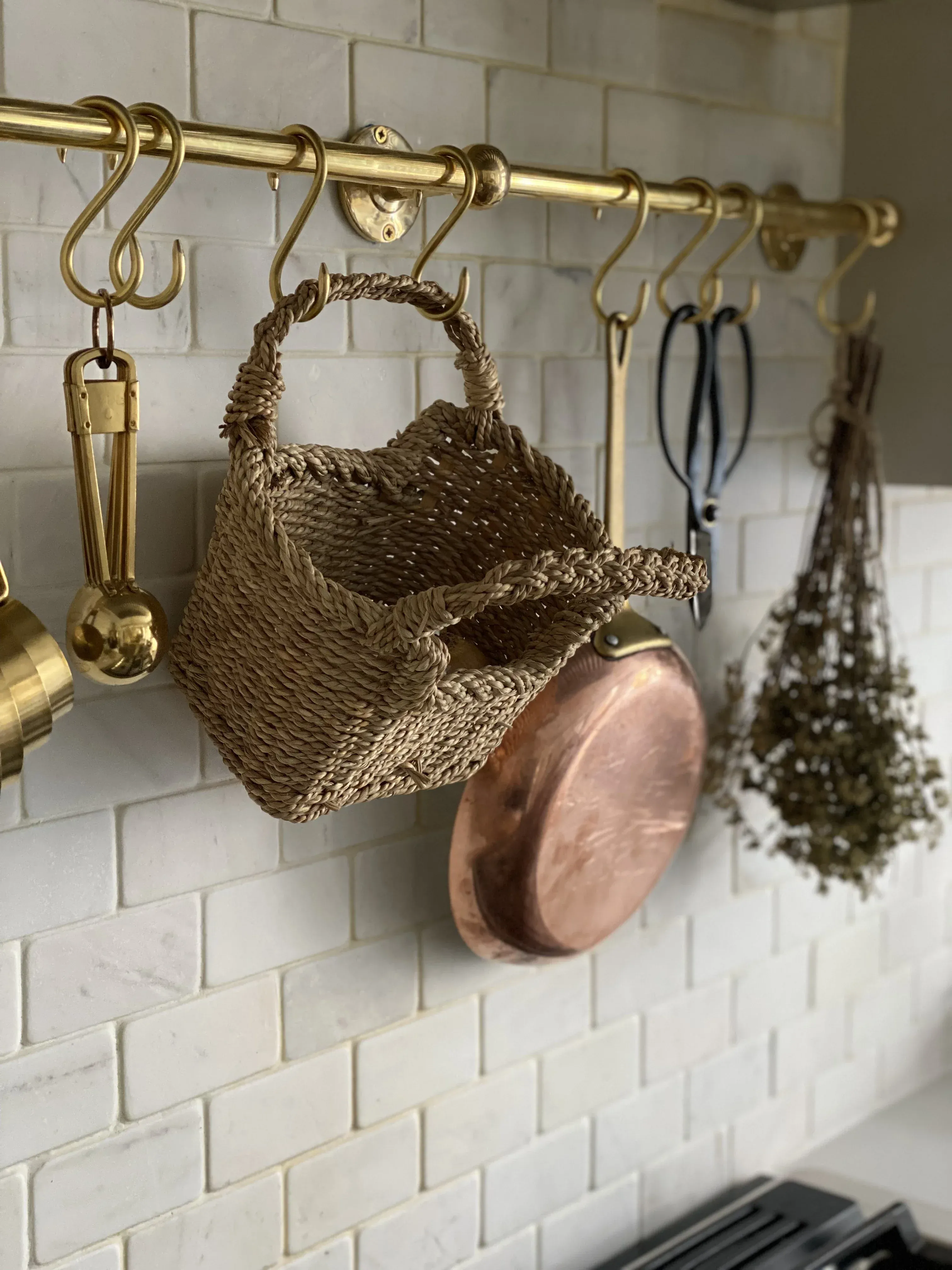 Unlacquered Brass Kitchen Rail – Handmade Wall Mounted Pot Rack with Hooks - Image 5