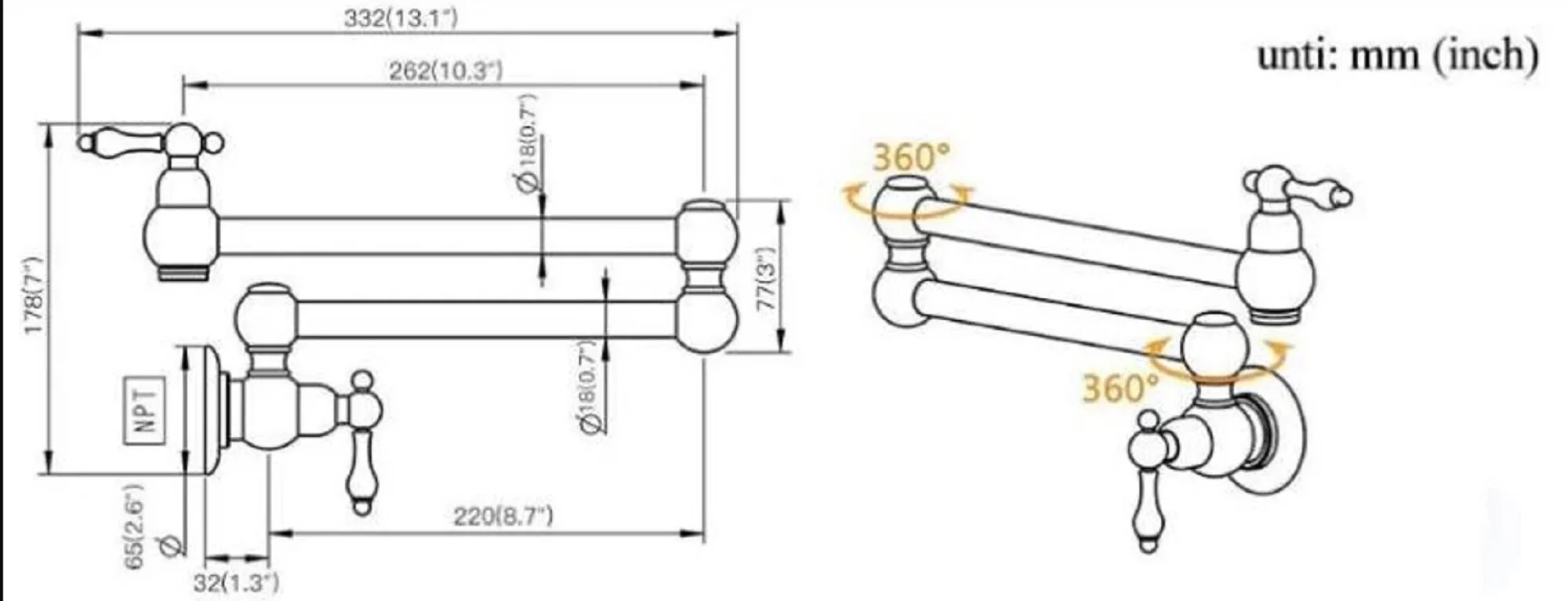 Unlacquered Brass Pot Filler – Wall Mounted Swing Arm Faucet - Image 4