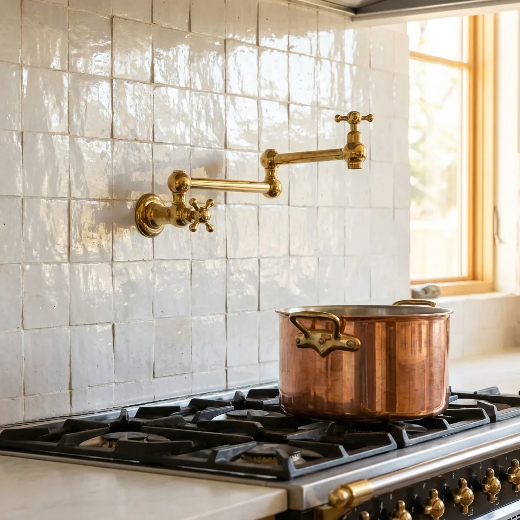 Unlacquered Brass Pot Filler – Wall Mounted Swing Arm Faucet - Image 3