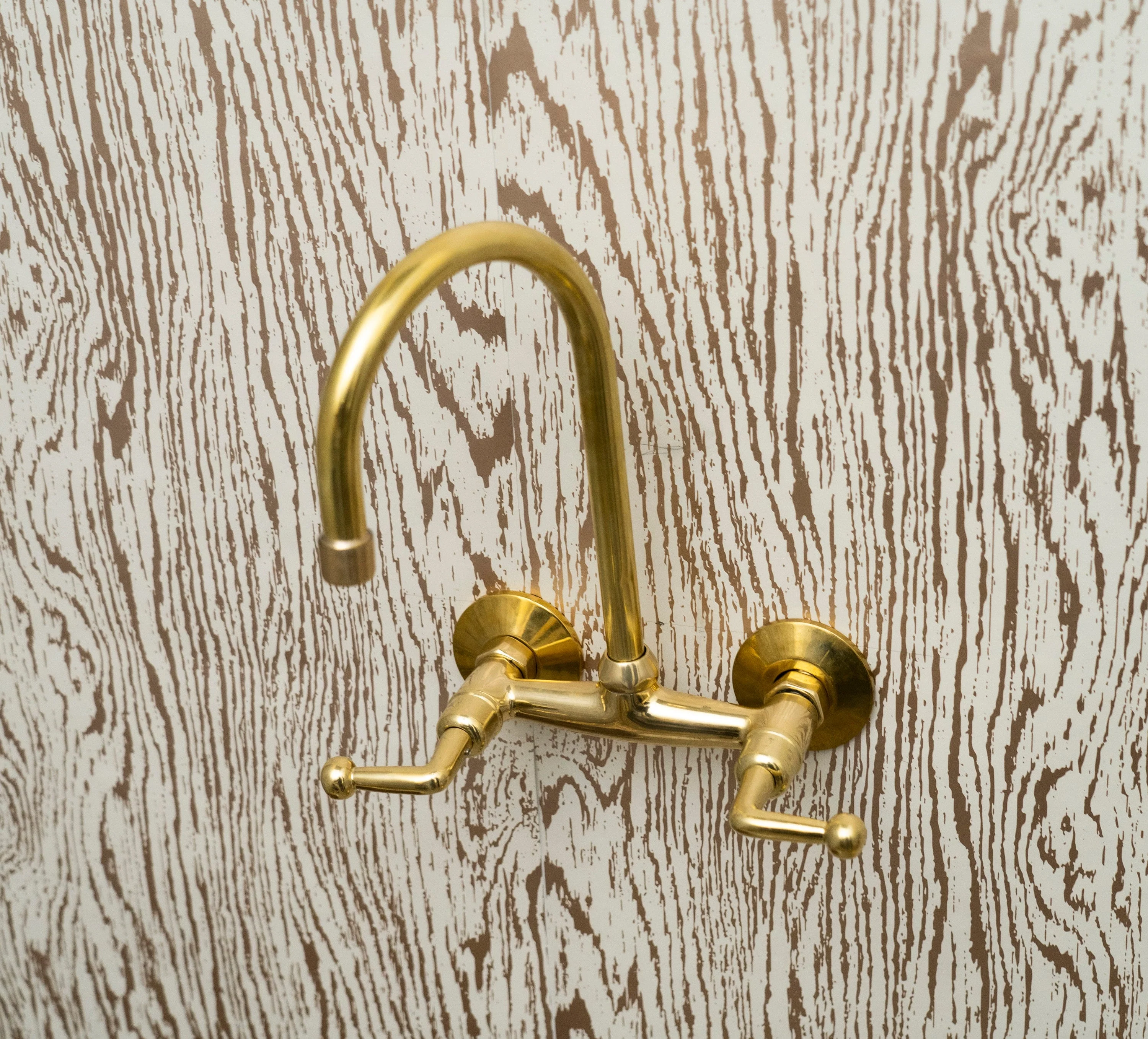 Unlacquered Brass Wall Mount Kitchen Faucet – Gooseneck Spout & Lever Handles - Image 3