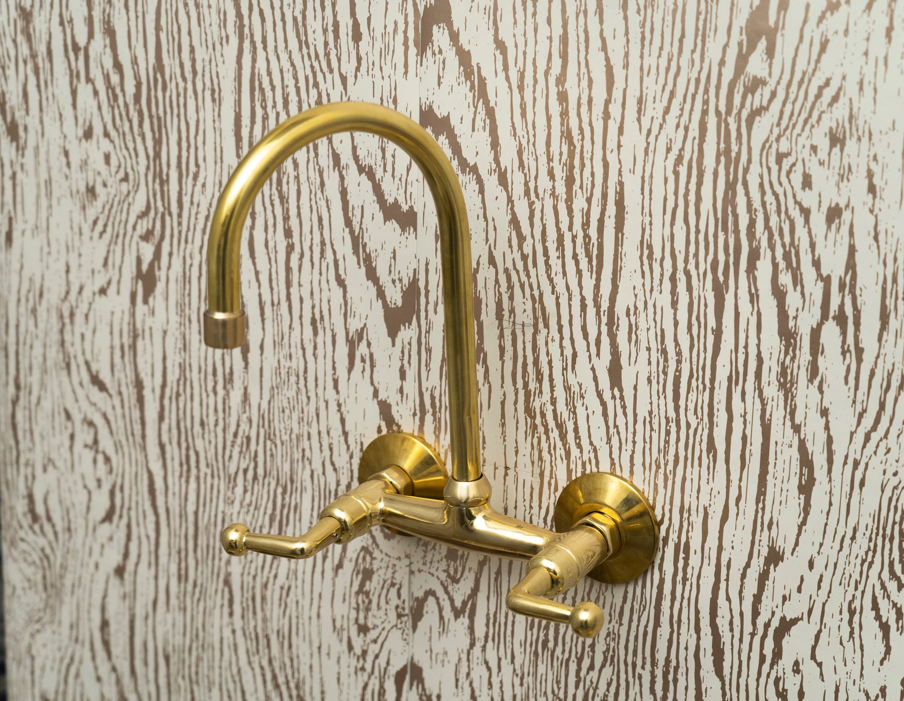 Unlacquered Brass Wall Mount Kitchen Faucet – Gooseneck Spout & Lever Handles - Image 4