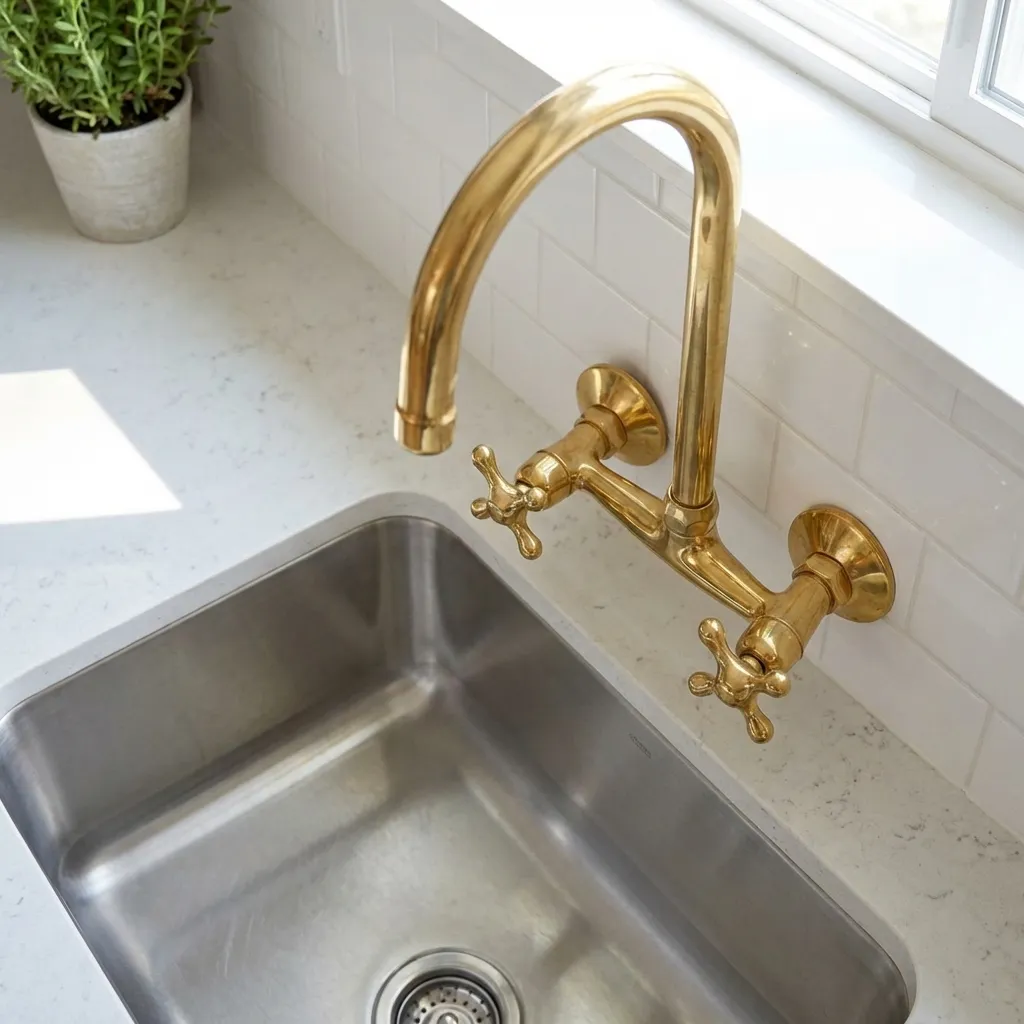 Unlacquered Brass Wall Mount Kitchen Faucet – Vintage Sink Tap with Cross Handles - Image 3