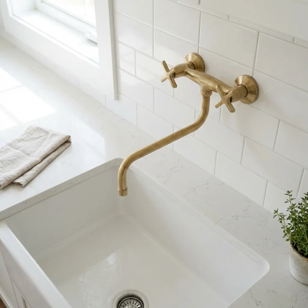 Unlacquered Brass Wall Mounted Kitchen Faucet - Image 3