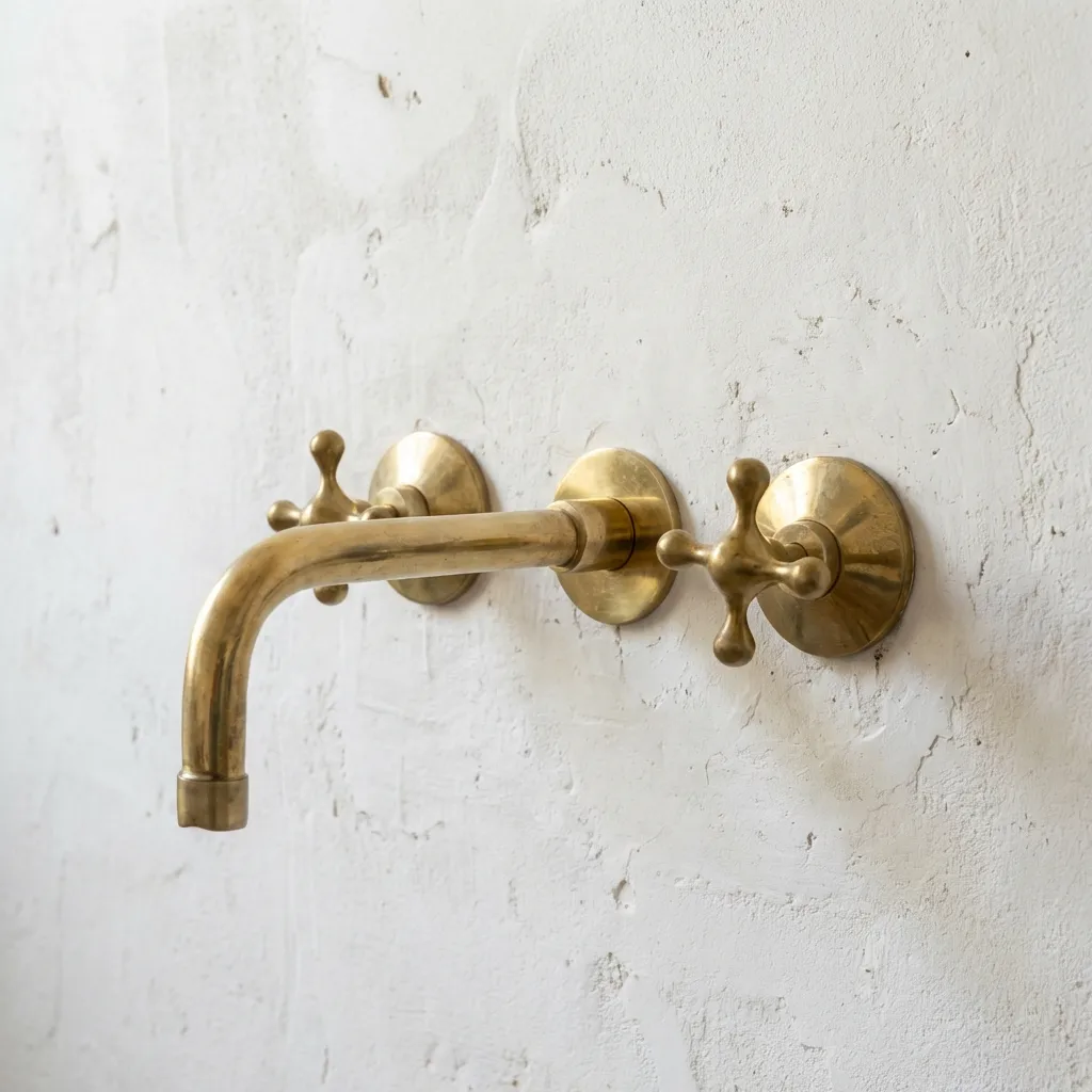 Handcrafted Three-Hole Unlacquered Brass Wall Mounted Vanity Faucet - Image 4
