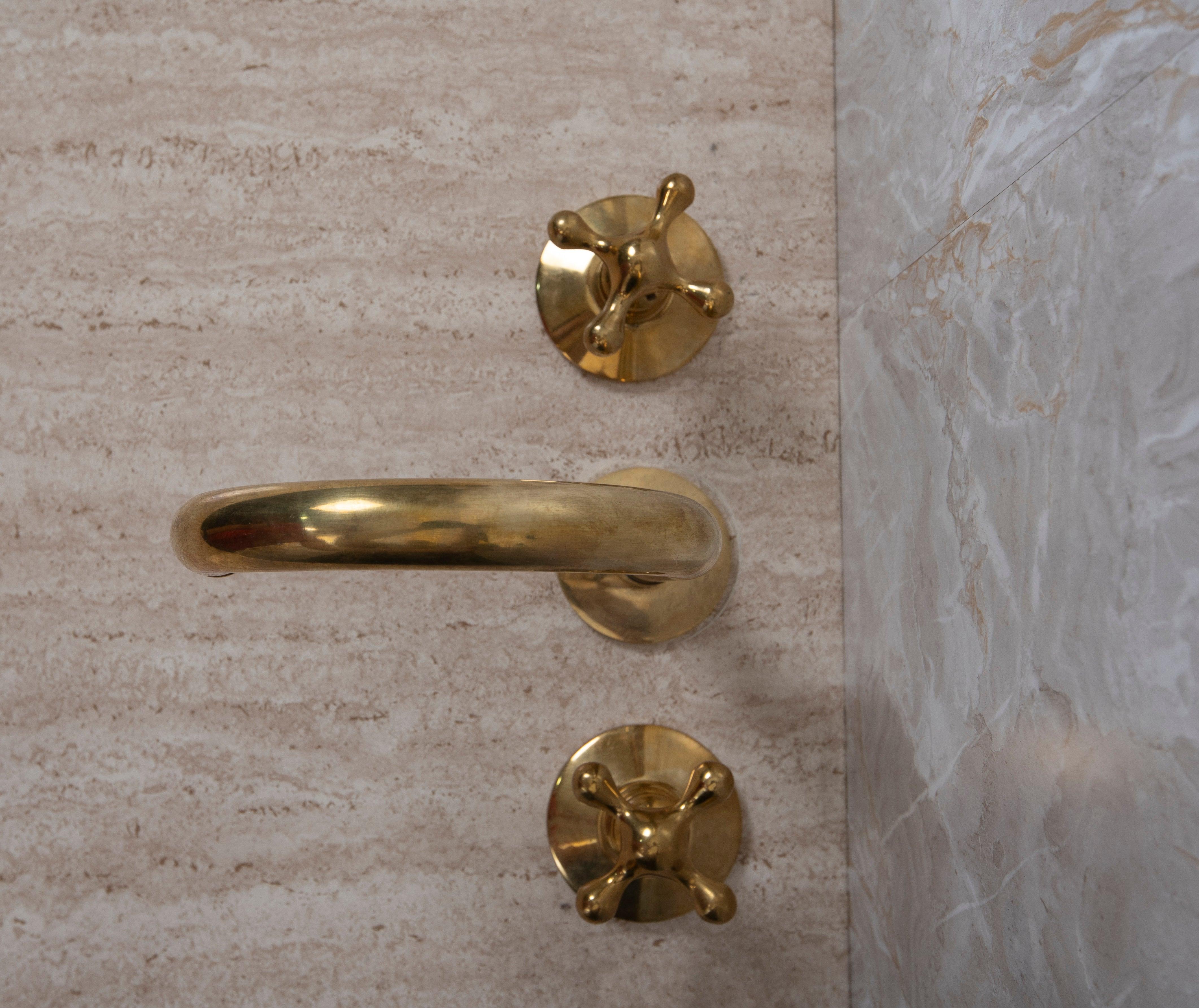 Unlacquered Brass Widespread Bathroom Faucet with Cross Handles - Image 5