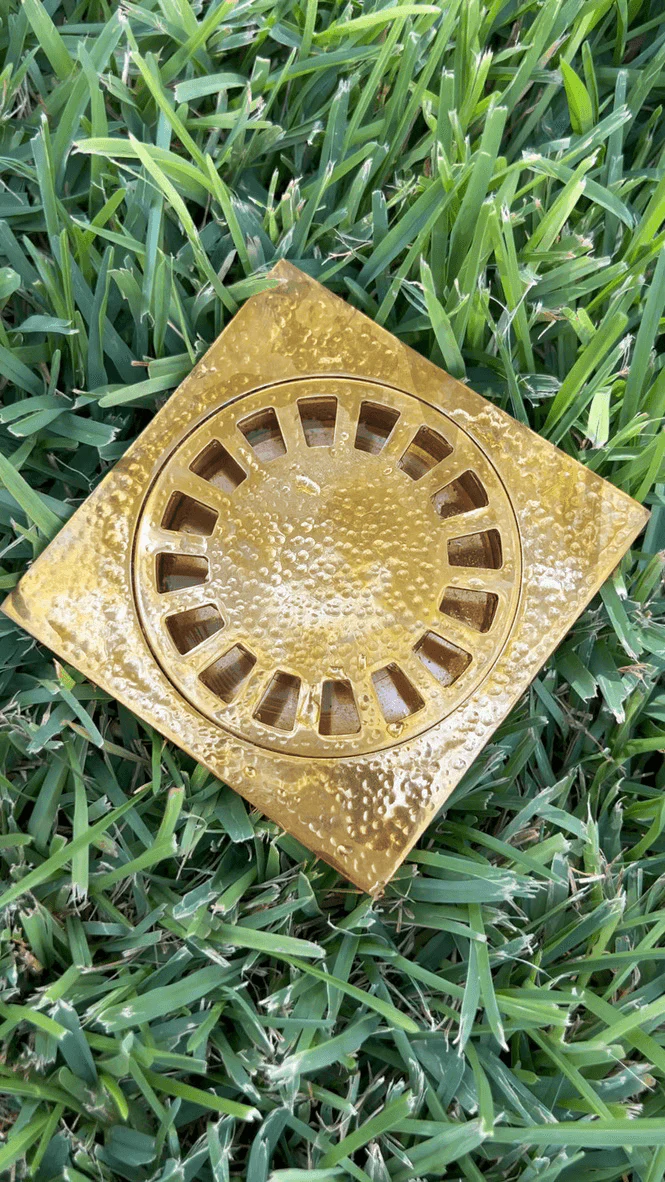 Unlacquered Hammered Brass Square Shower Drain with Removable Cover - Image 5